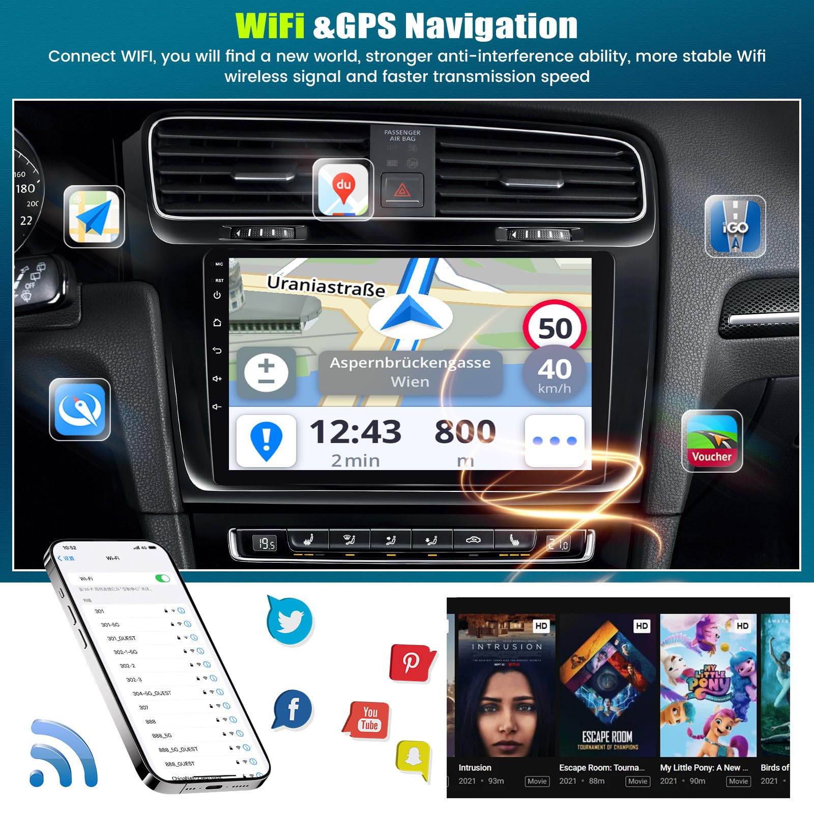 [4+64Gb] 8 Core Android 13 Double Din Car Stereo With Wireless Carplay&Android Auto,9 Inch Car Radio Support Mirror Link Wifi Gps Navigation Bluetooth Fm/Rds Radio Eq/Hifi/Dsp/Swc+Ahd Backup Camera