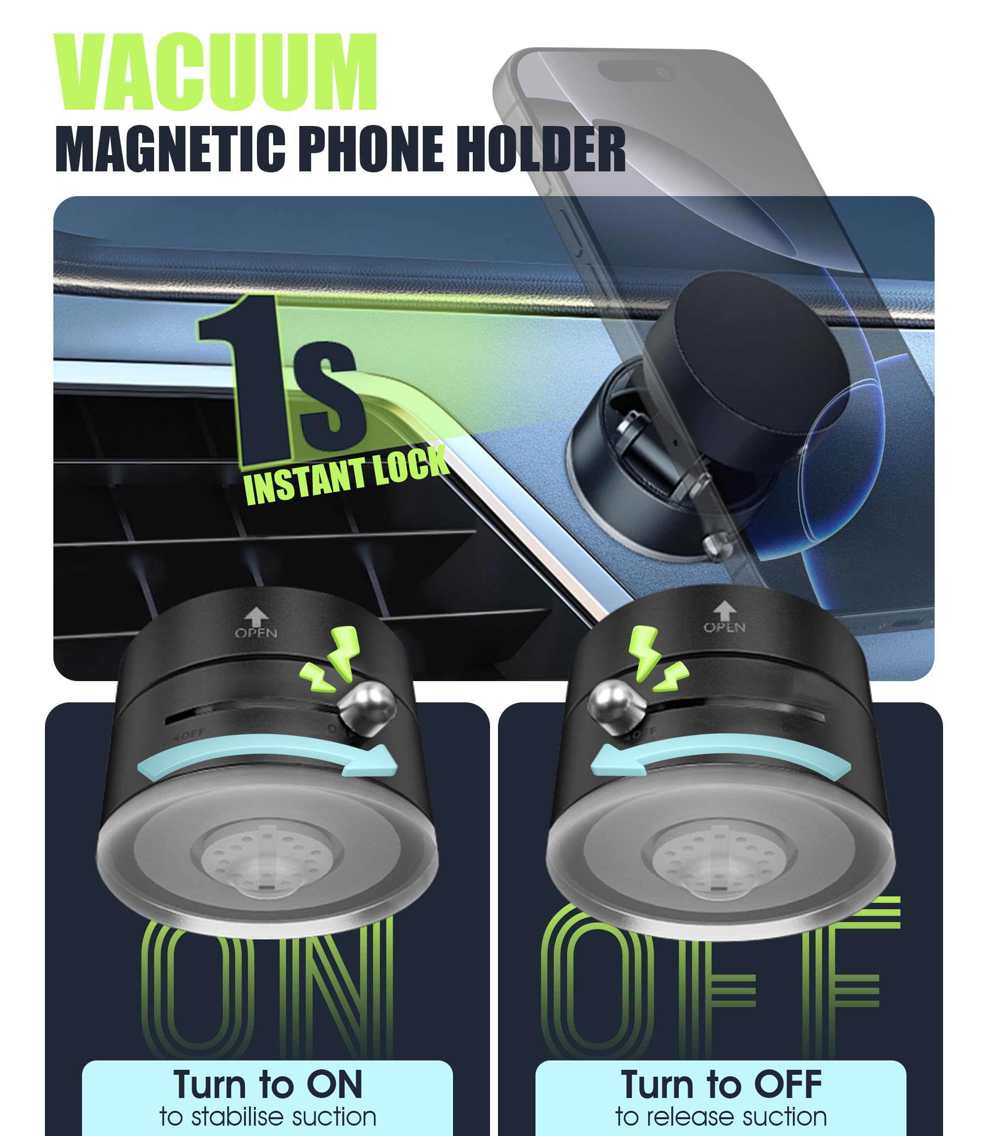 Seltureone Vacuum Magnetic Phone Holder(2025 Upgrated),360 Rotatable And Retractable Vacuum Suction Phone Stand For Car,Multi-Sc