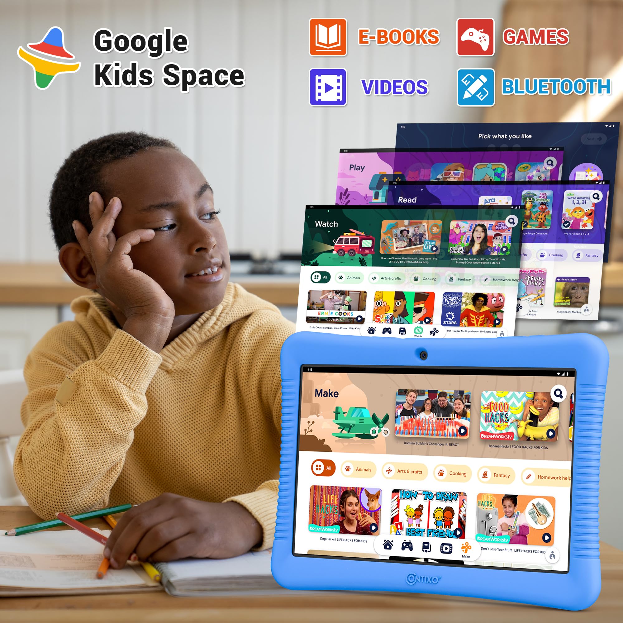 Contixo 10' Android Kids Tablet 32Gb, Includes 80+ Disney Storybooks & Stickers, Parental Controls, Kid Proof Case With Kickstand & Stylus, (2024 Model)   Blue