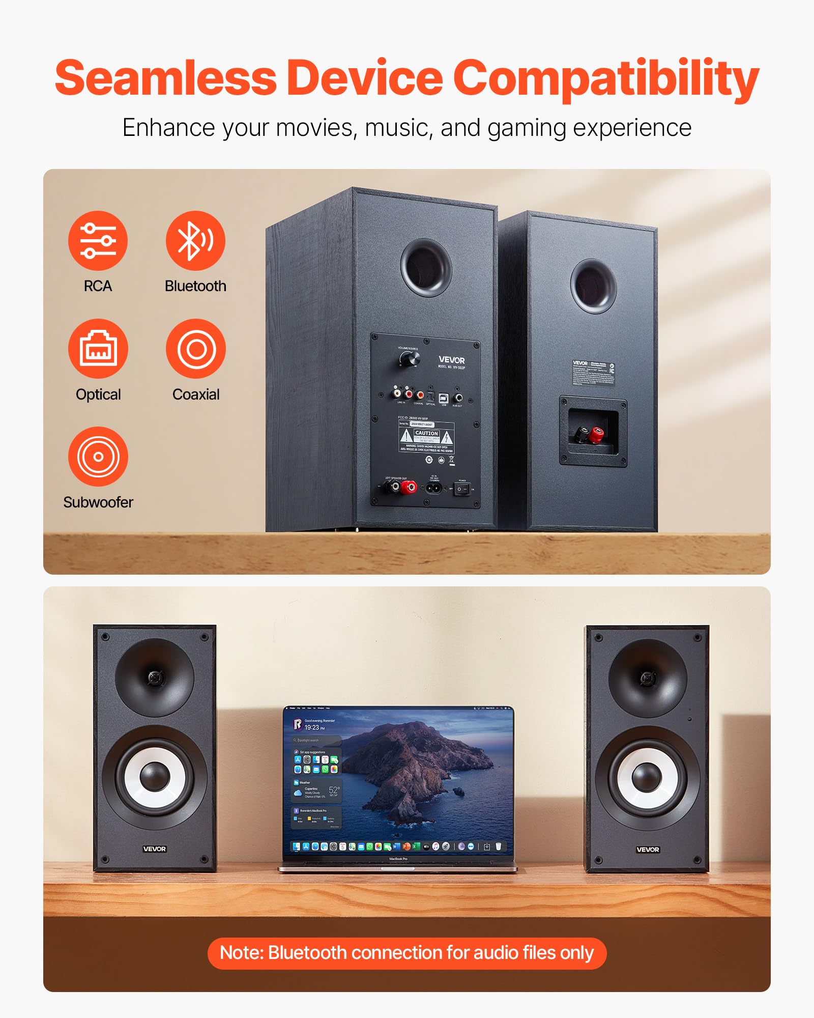 Vevor Powered Bookshelf Speakers, 25W X 2, Active Studio Monitor Speaker With 5.5 Inch Woofer, Bluetooth/Rca/Coaxial/Optical/Usb