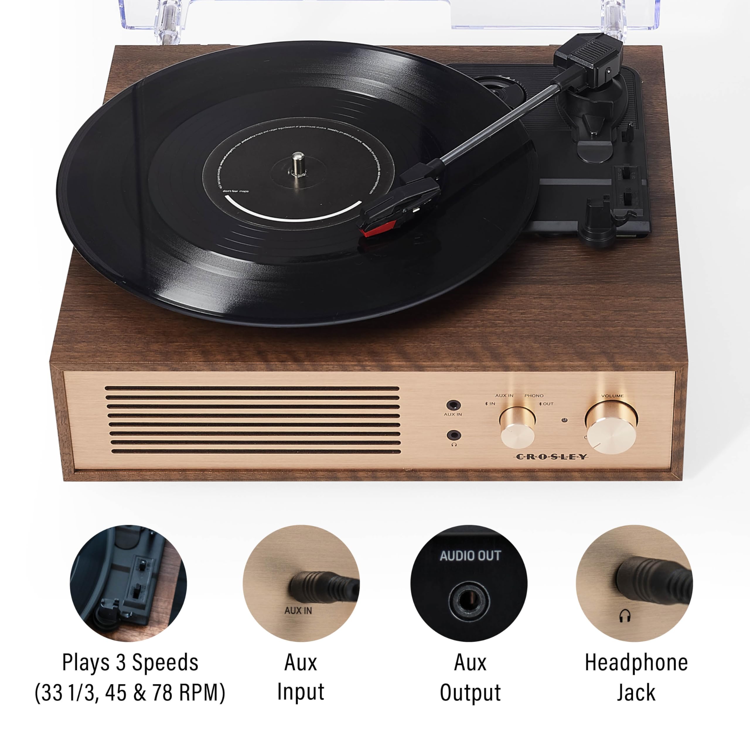 Crosley Cr6045A-Wa Miles 3-Speed Bluetooth In/Out Record Player Turntable With Built-In Speakers, Walnut