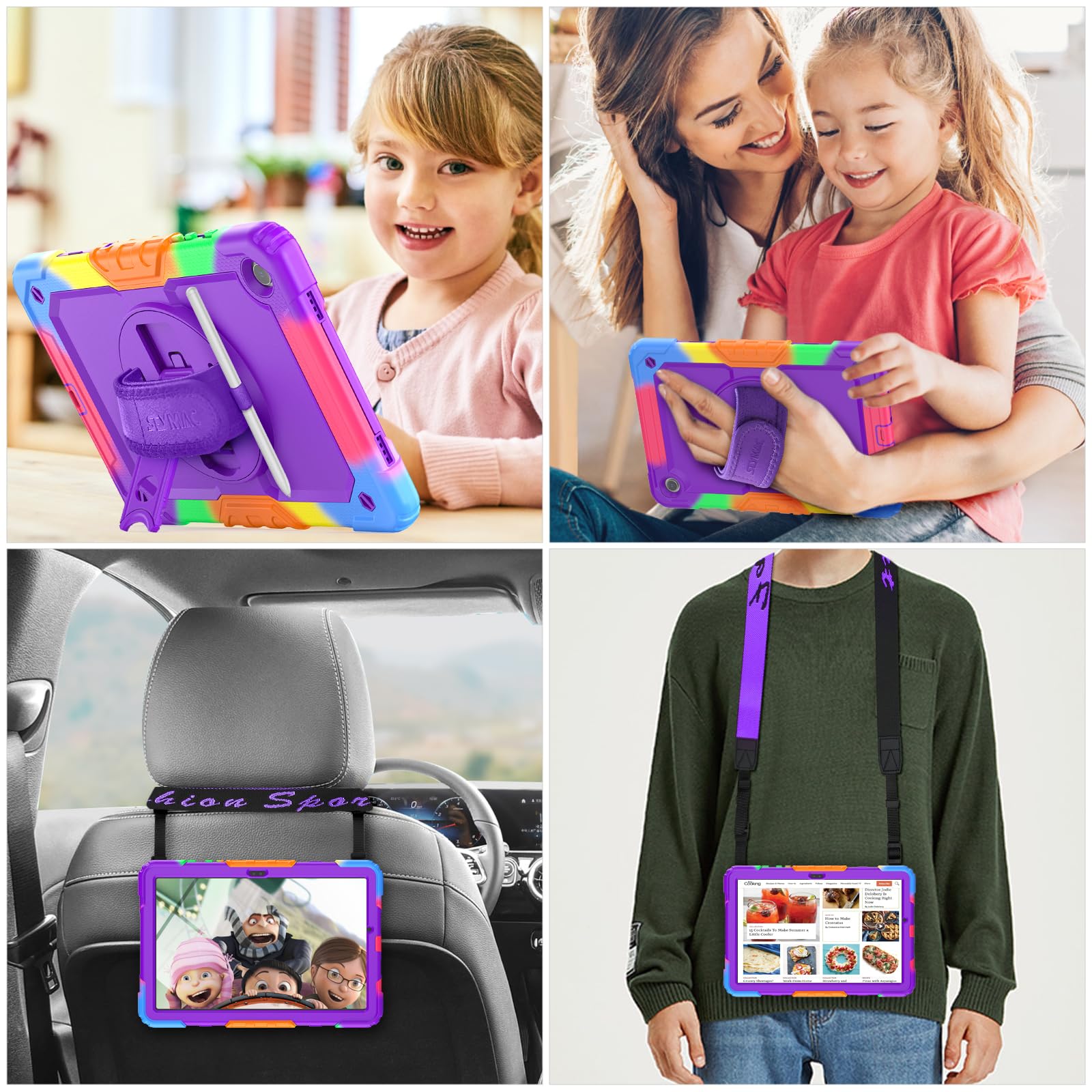 Seymac Stock 360 Hand Strap Shockproof Case For Samsung Galaxy Tab A9 Plus 11 Inch, Purple+Colorful
