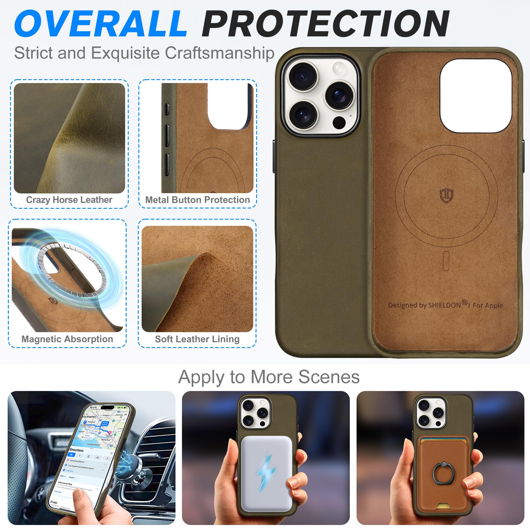 Shieldon Leather Case For Iphone 16 Pro Max 6.9'' 5G, Crazy Horse Top Grain Leather Magnetic Wireless Charging Non-Slip Slim Cov
