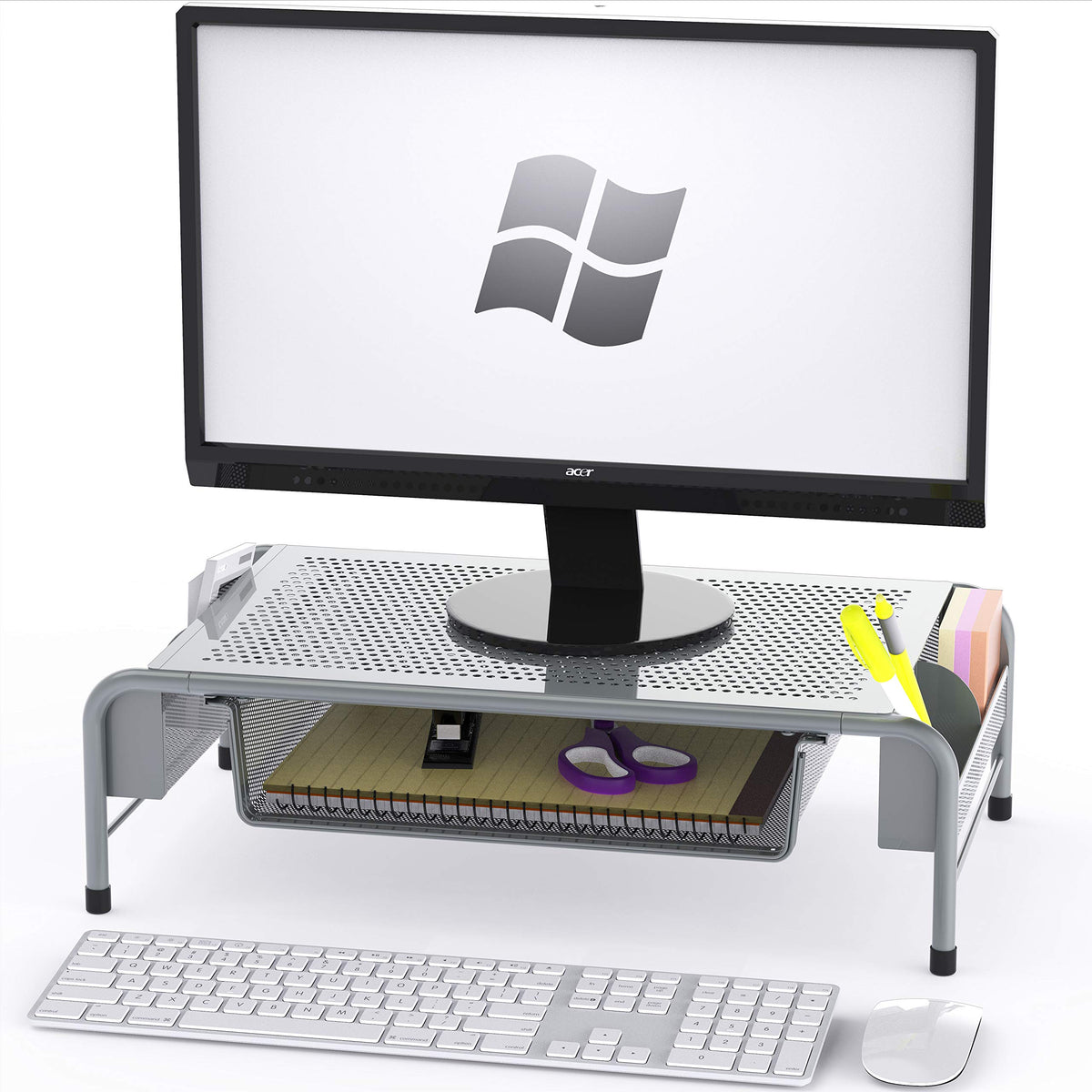 Simple Houseware Metal Desk Monitor Stand Riser With Organizer Drawer, Silver