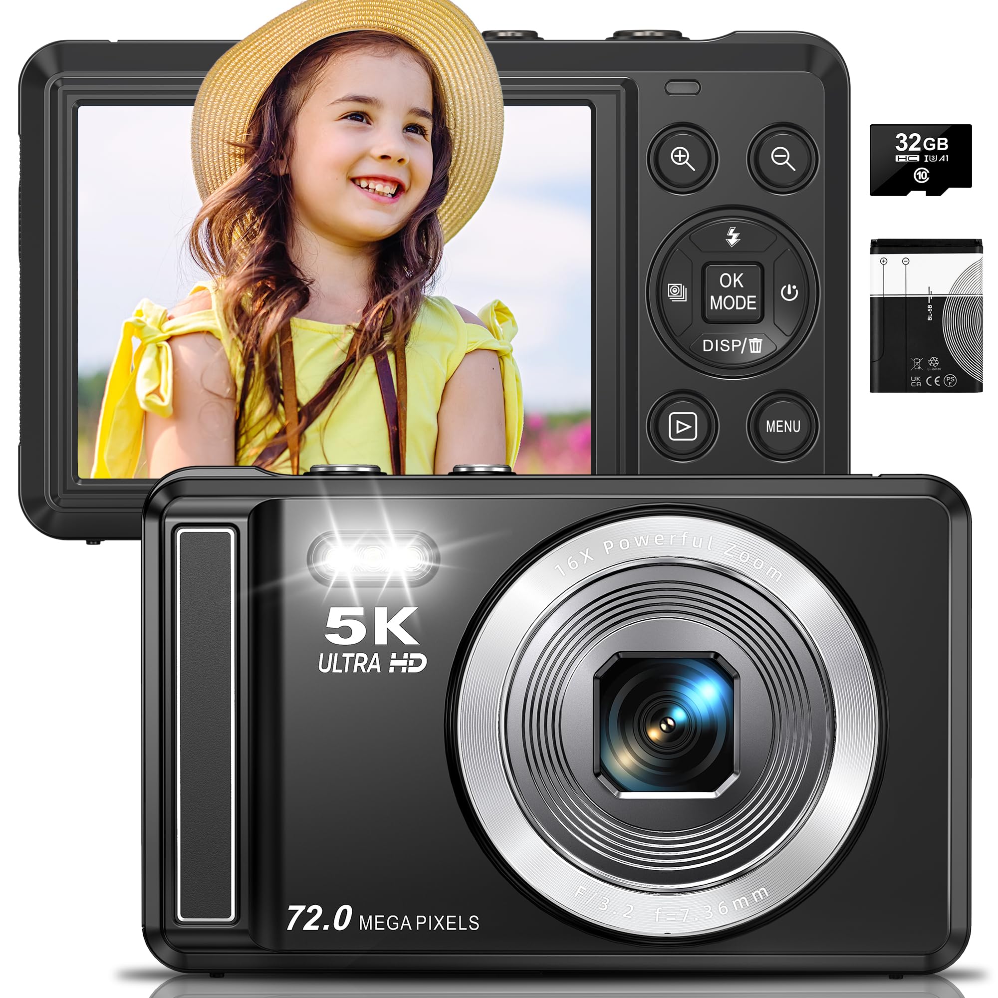 5K Digital Camera - 72MP UHD Digital Cameras for Photography - Autofocus Point and Shoot Small Camera with Flash for Kids - 2.8 