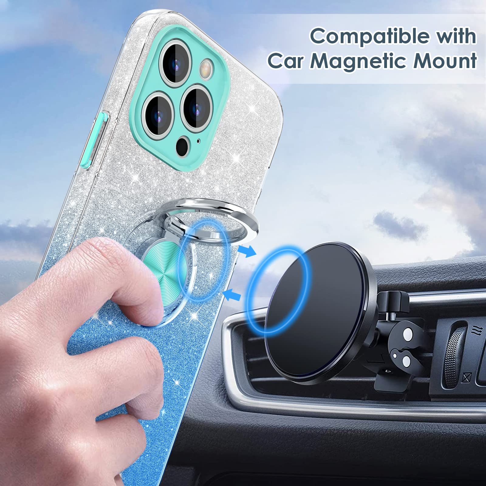 Hython For Iphone 13 Pro Max Case With Ring Stand [360 Rotatable Ring Holder Magnetic Kickstand] [Support Car Mount] Cute Sparkl