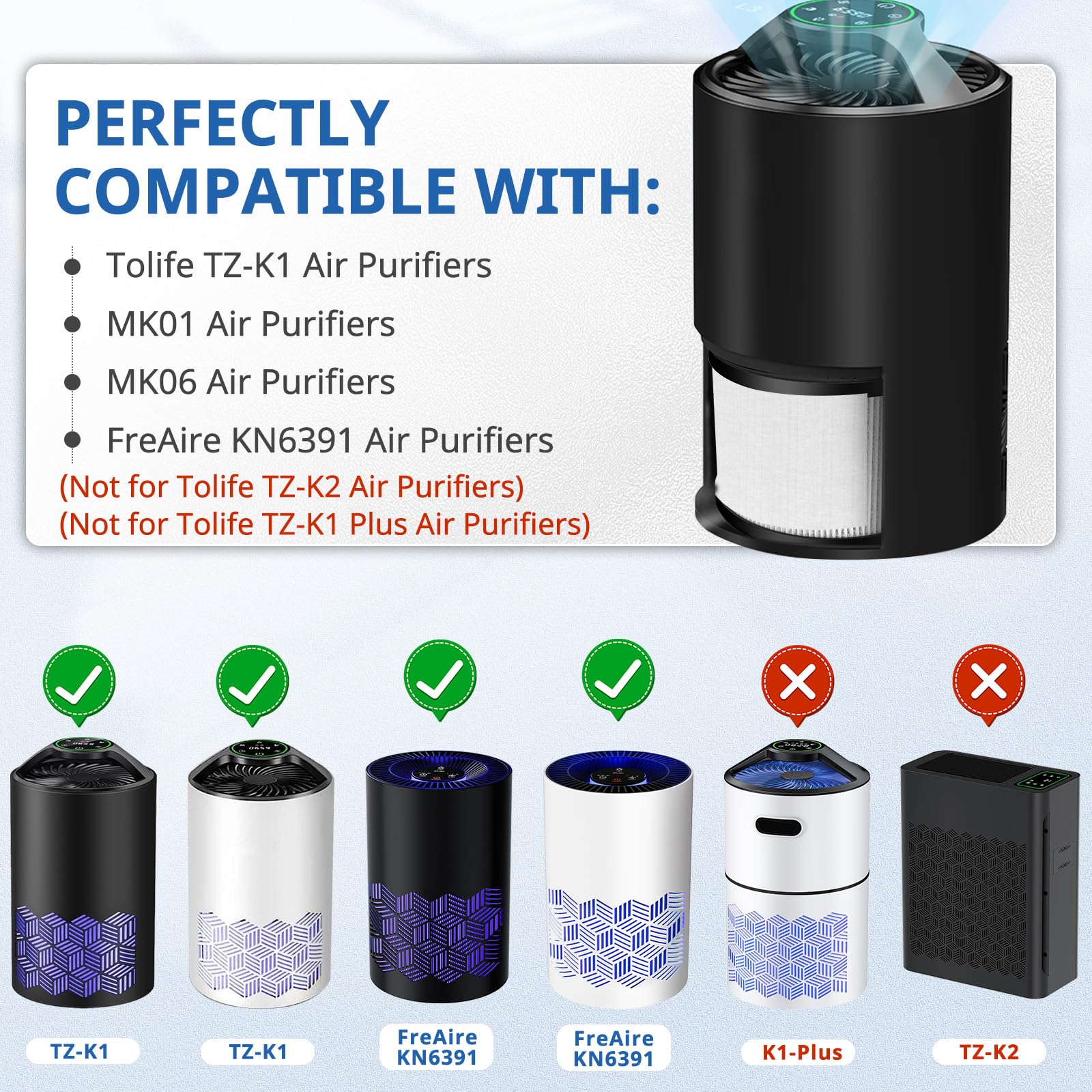 3 Pack Tz K1 Replacement Filter Compatible With Tolife Tz K1 Air Puri Fier, Mk01 Mk06 And Freaire Kn6391 Air Purifi Ers, 3 In 1