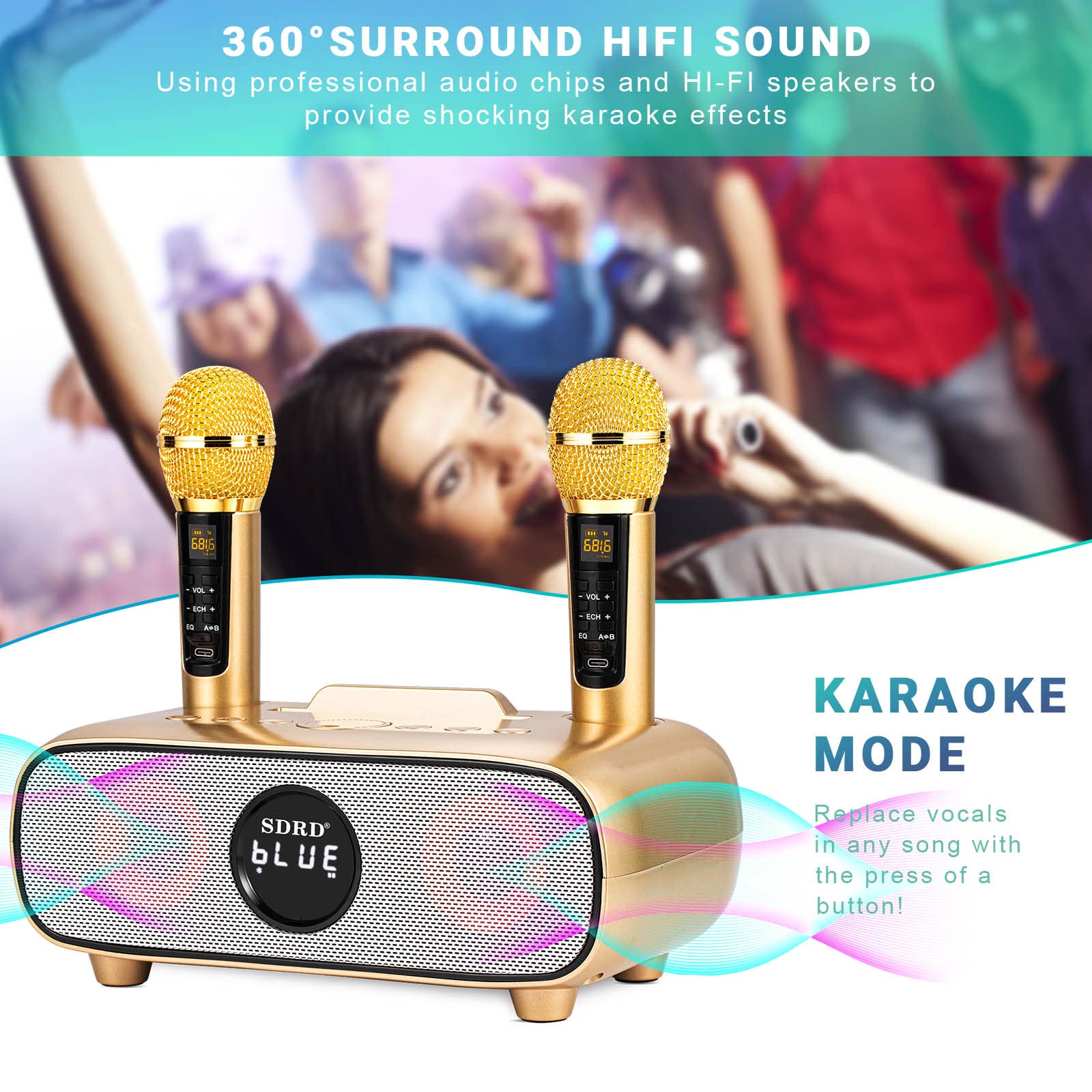 Karaoke Machine For Adults And Kids,Portable Bluetooth 2 Wireless Karaoke Microphone With Holder/Usb/Tf Card/Aux-In, Pa Speaker