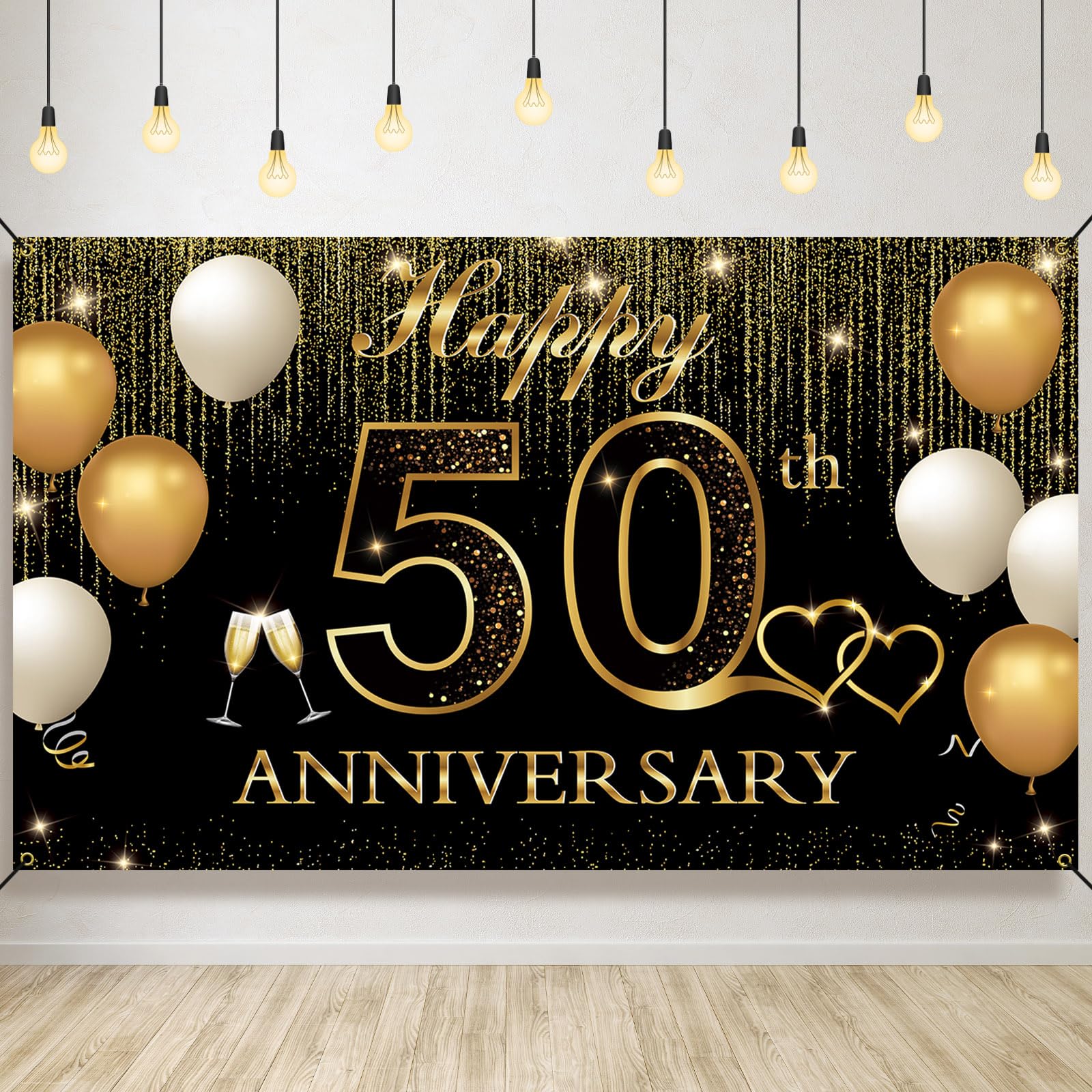 Htdzzi Golden 50Th Wedding Anniversary Decorations, Happy 50Th Anniversary Banner Backdrop, 50 Year Wedding Anniversary Party De