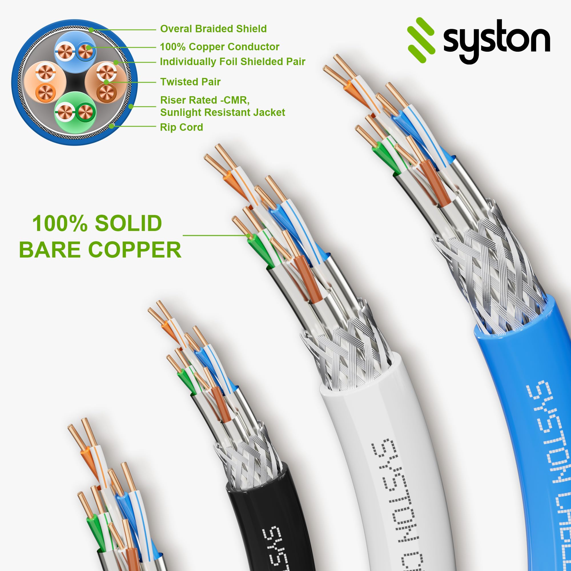 Syston Cat8 Ethernet Cable Patch 100Ft Blue, 2000Mhz 2Ghz 40Gb Solid Bare Copper S/Ftp Braided Shielded, 22/4 22 Awg 4 Pair Cmr