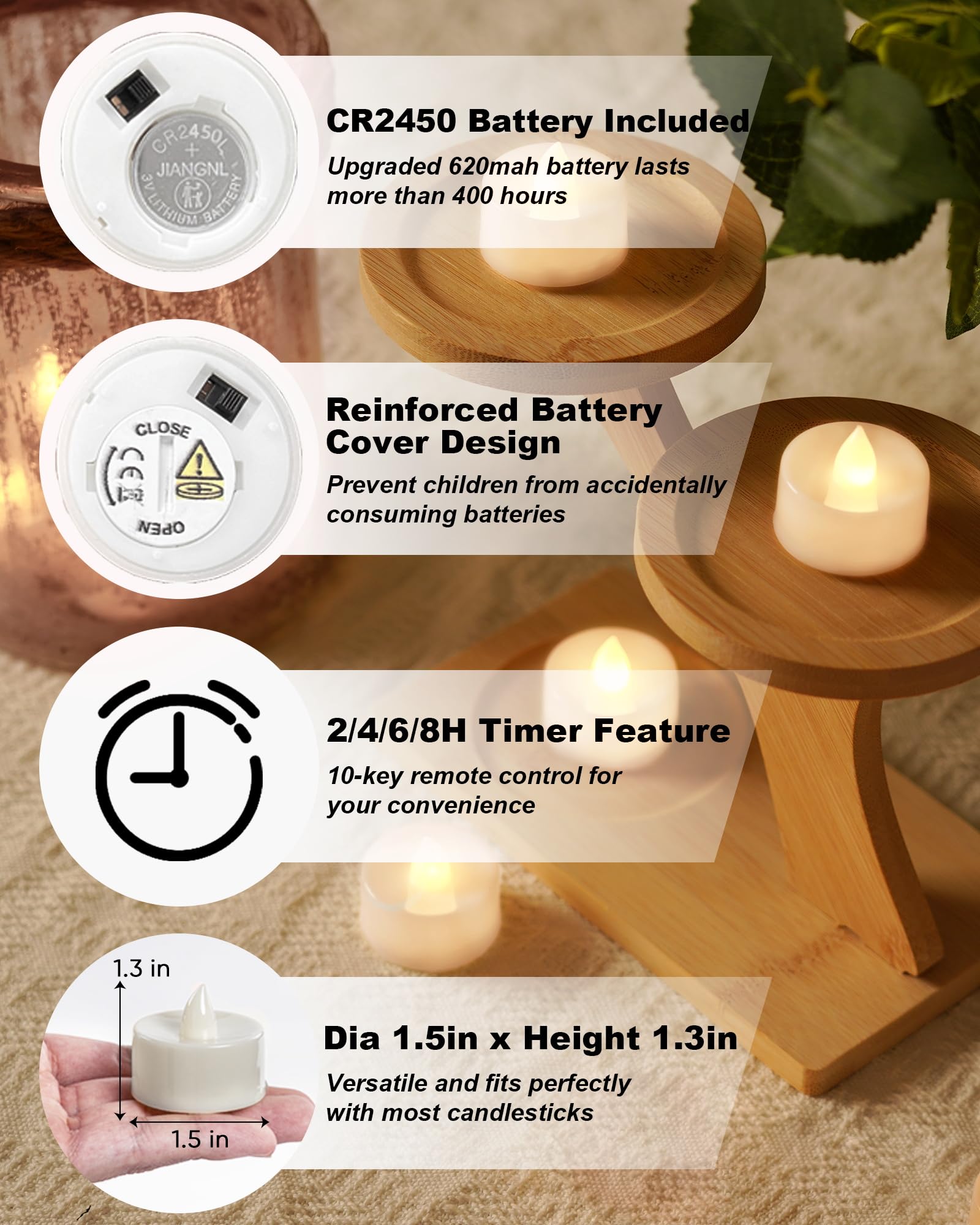 Beichi Remote Candles, 12 Pack Timer Candles, Flameless Tea Lights Candles Battery Operated, Flickering Led Tea Lights, Timer Ba