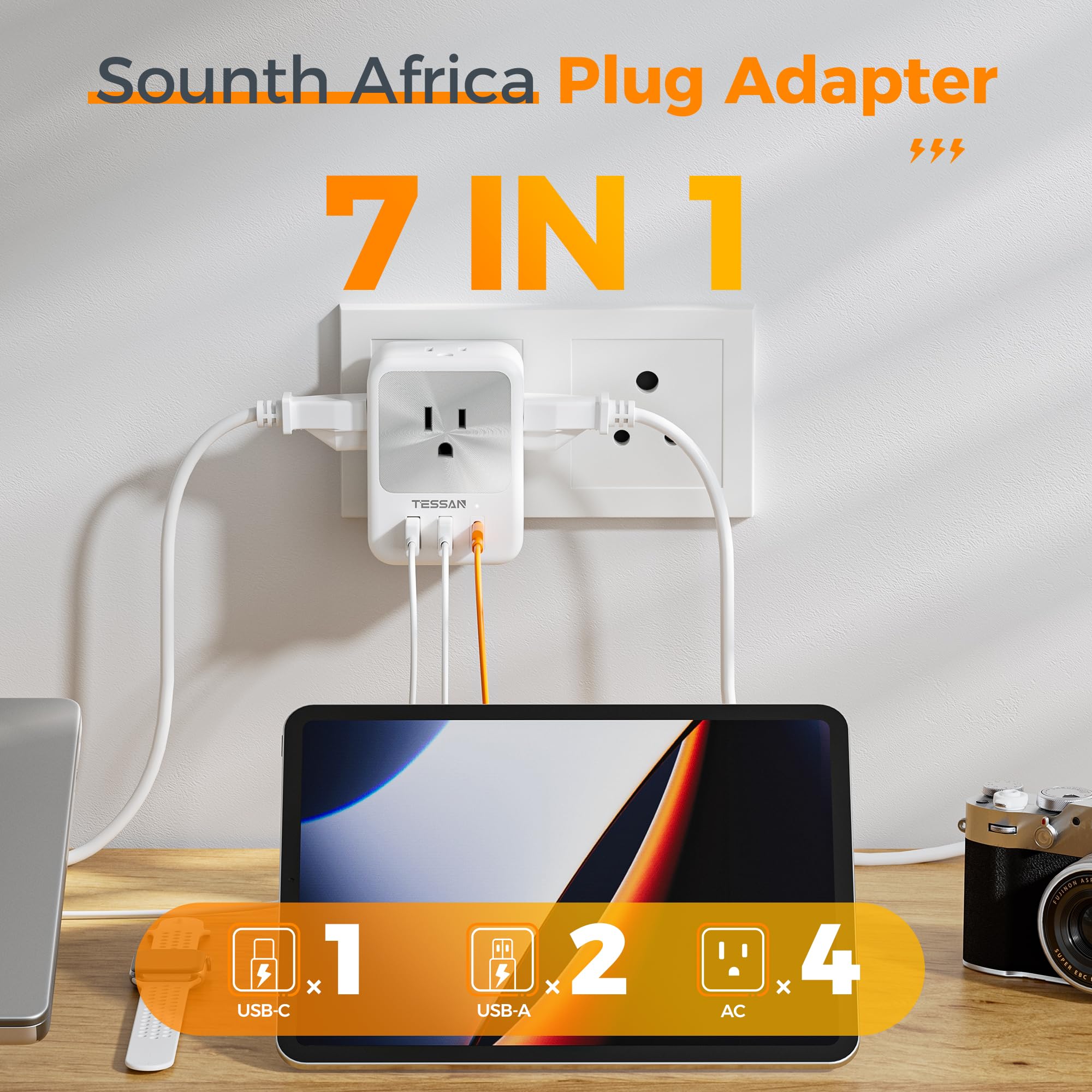 South Africa Plug Adapter 2 Pack, Tessan Type M Adapter With 4 Ac Outlets 3 Usb Ports (1 Usb C), 7 In 1 Travel Adaptor Us To Sou
