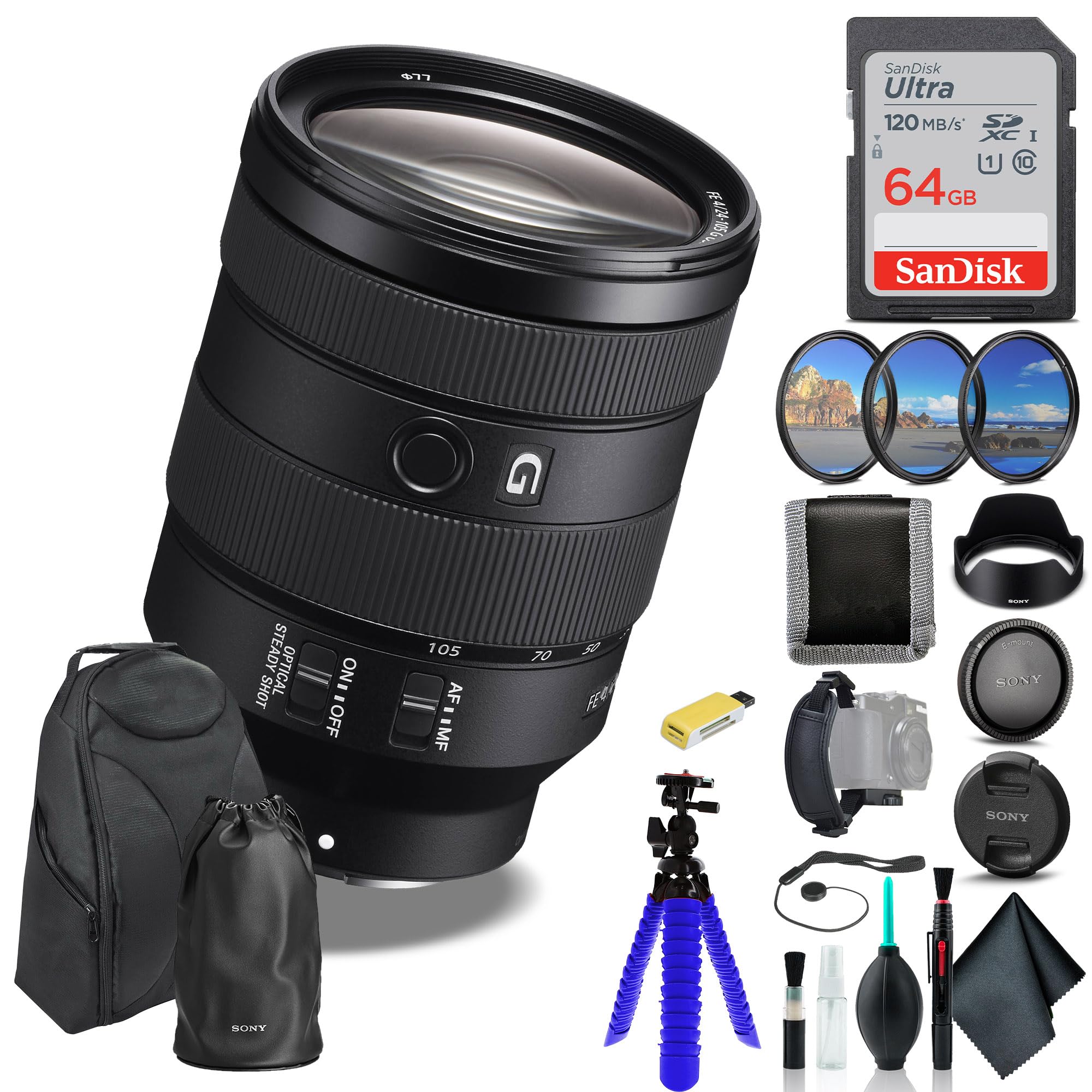 Sony FE 24-105mm f/4 G OSS Lens SEL24105G/2, Filter Kit, Backpack, 64GB Card, Card Reader, Flex Tripod, Memory Card Wallet, Cap 