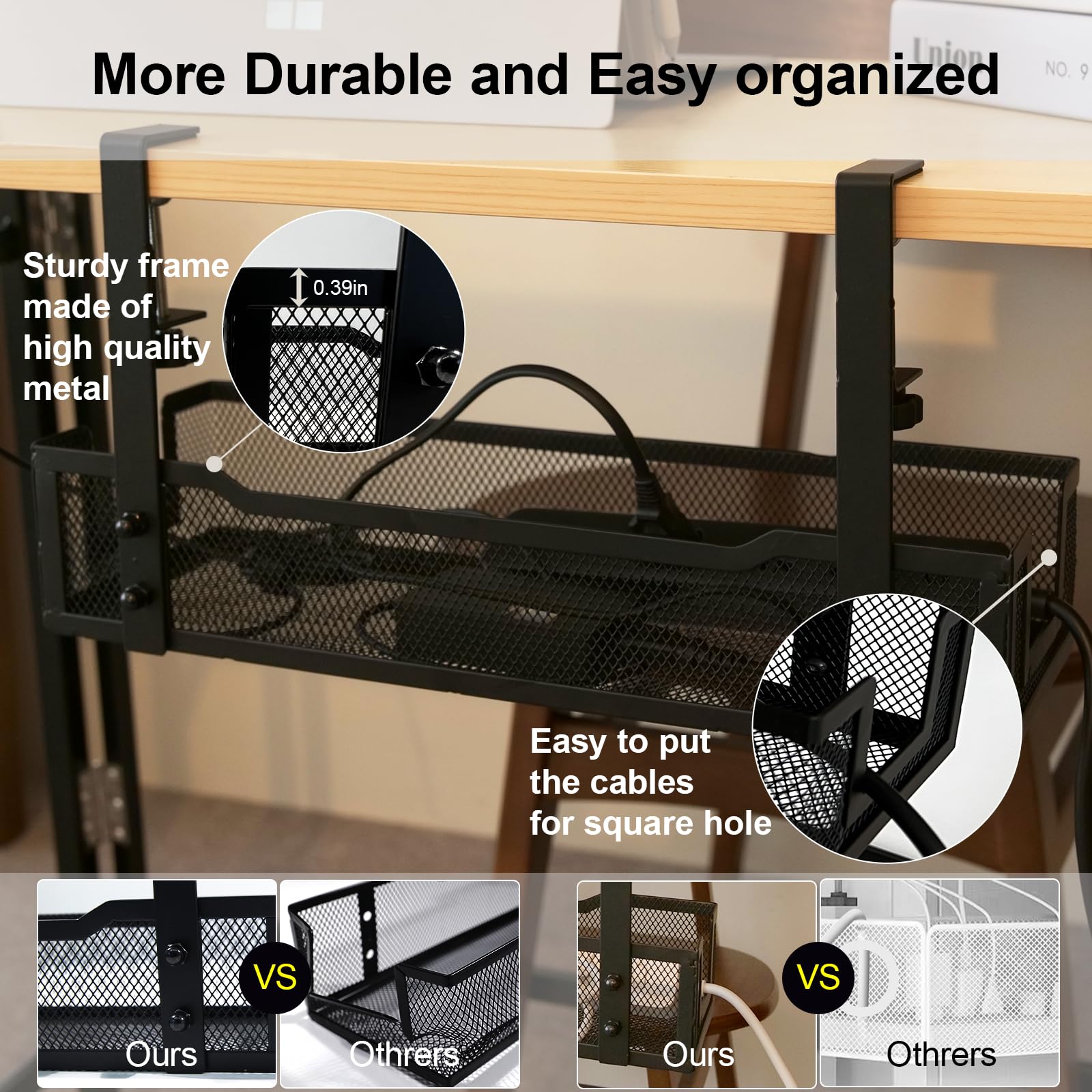 No Drill Under Desk Cable Management Tray With Clamp Premium Wire Tray Cord Organizer   Thin Steel Cable Tray Basket With Charge