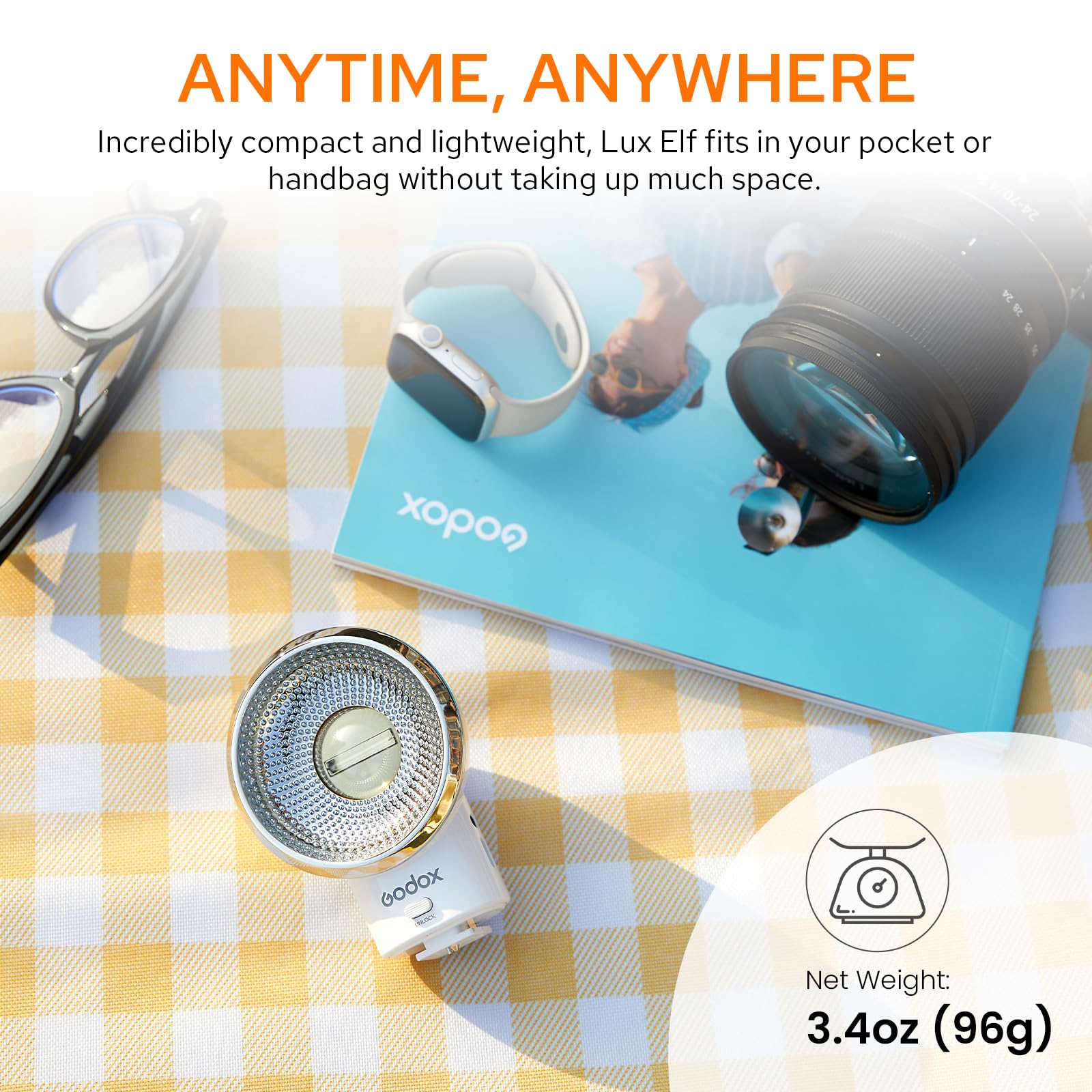 Godox Lux Elf Retro Camera Flash, Built-In Battery Gn6 With 5 Levels Flash Power, 6200K300K With S1/S2 Optical Control, On Camer