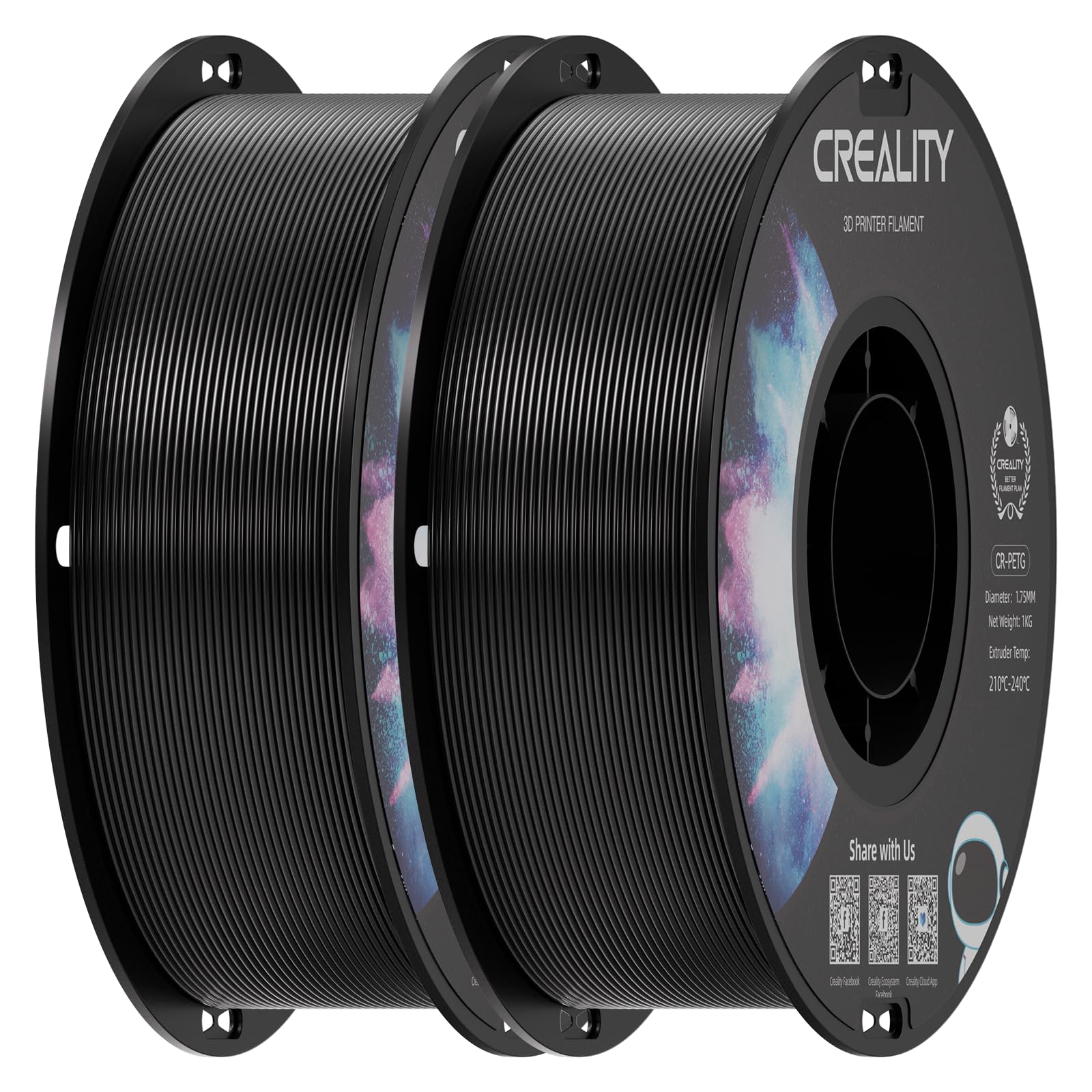 Creality PETG Filament 1.75mm Black 2 kg, 3D Printer Filament, Excellent Toughness High Precision, Odorless Non-Toxic Moisturepr