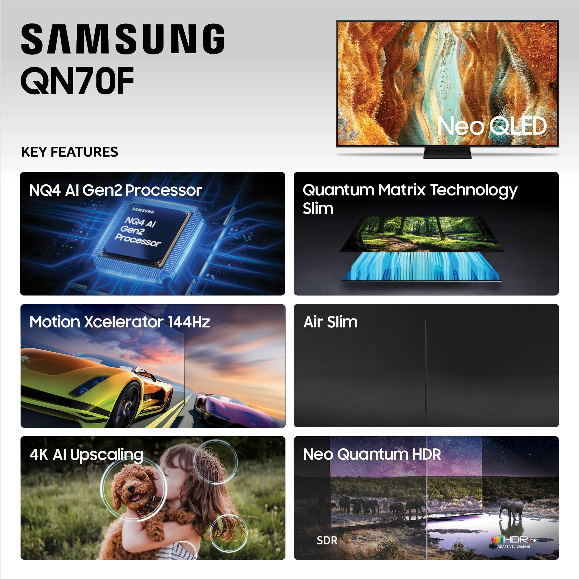 Samsung 55-Inch Class Neo Qled Qn70F 4K Mini Led Smart Tv (2025 Model) Nq4 Ai Gen2 Processor, Quantum Matrix Technology Slim, Mo