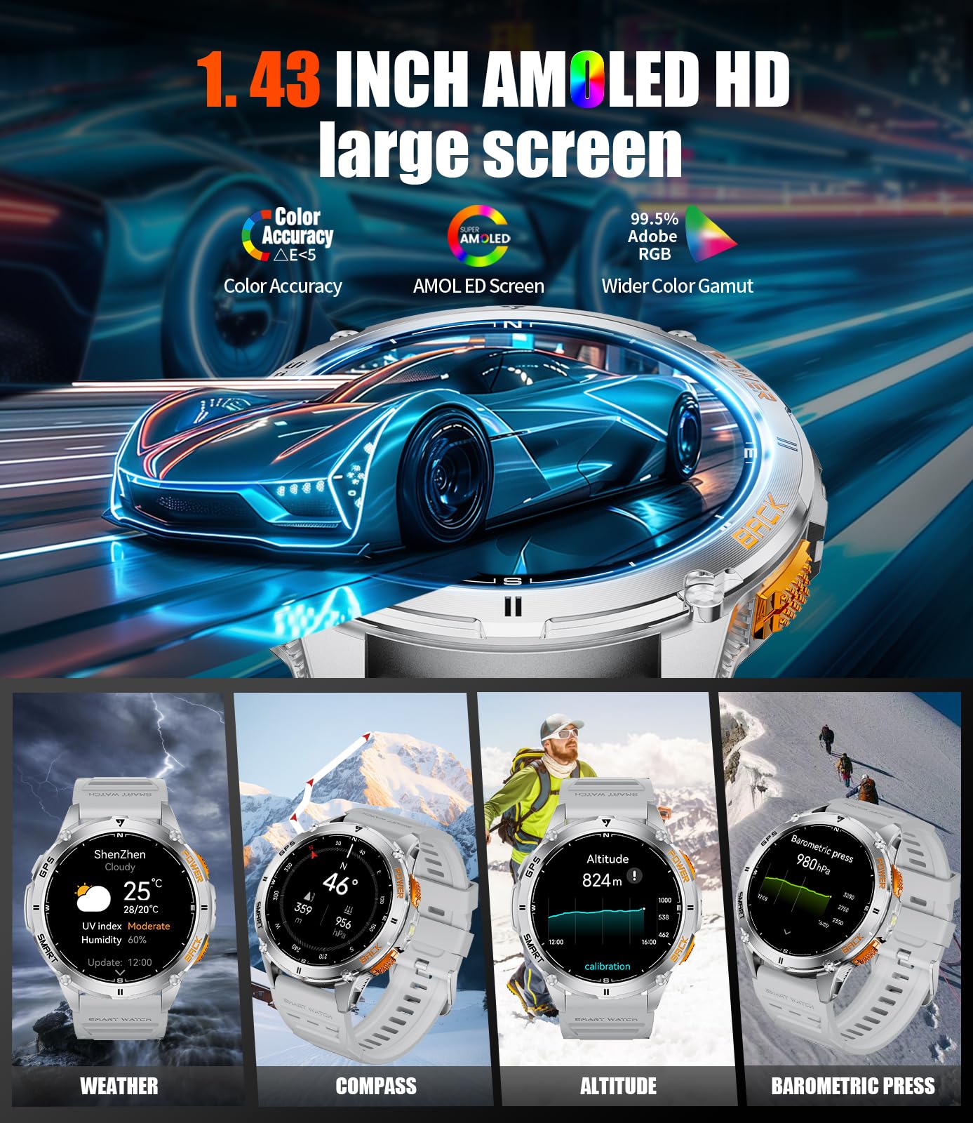 Foxbox Gps Smart Watch For Men Led Flashlight, 530Mah Extra Large Battery, 1.43'' Amoled Military Smartwatch Answer/Make Call Wi