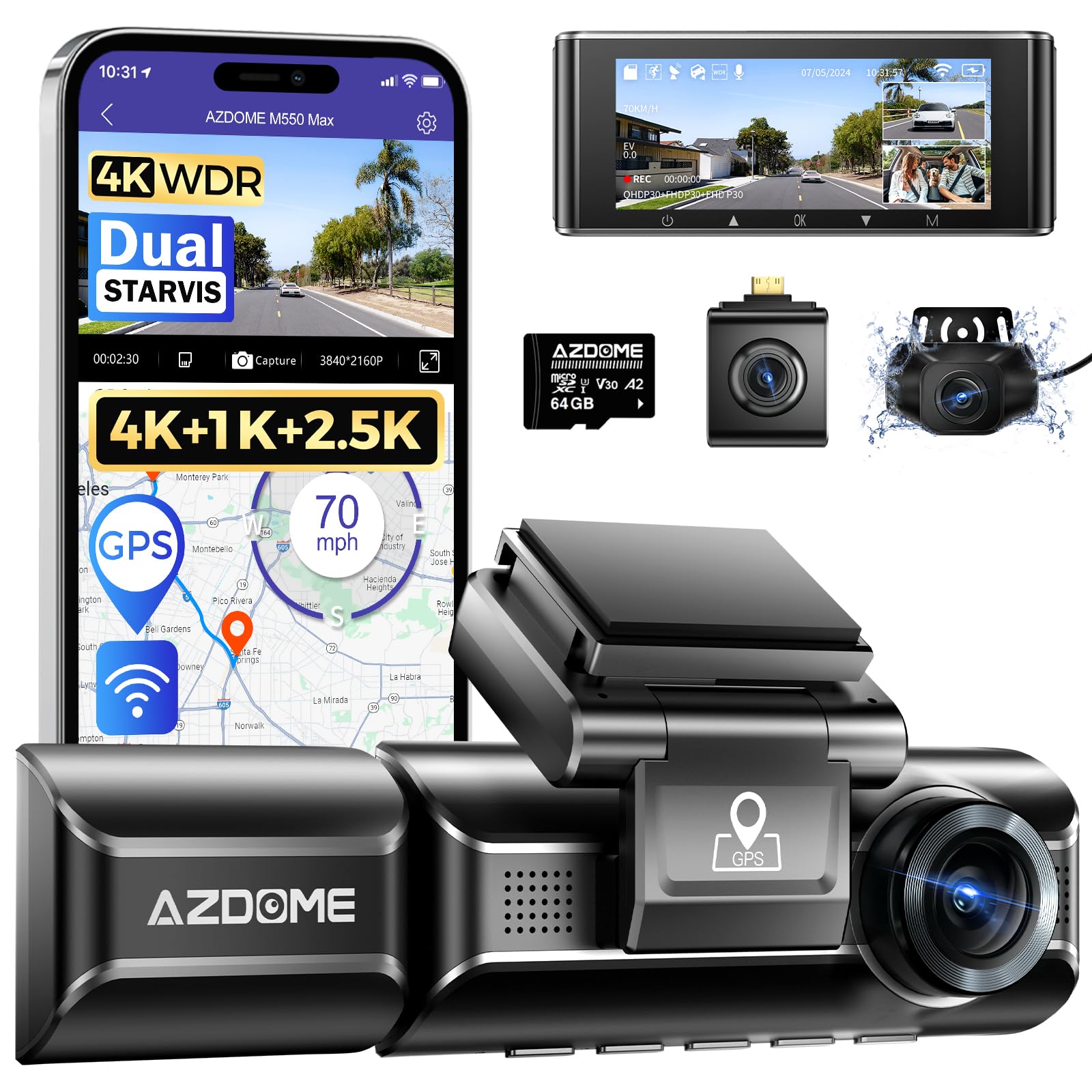 AZDOME M550 Max 4K 3 Channel Dash Cam, Dual STARVIS Sensors, 4K+2.5K+1080P Front and Rear Inside Triple Car Camera, Built-in WiF