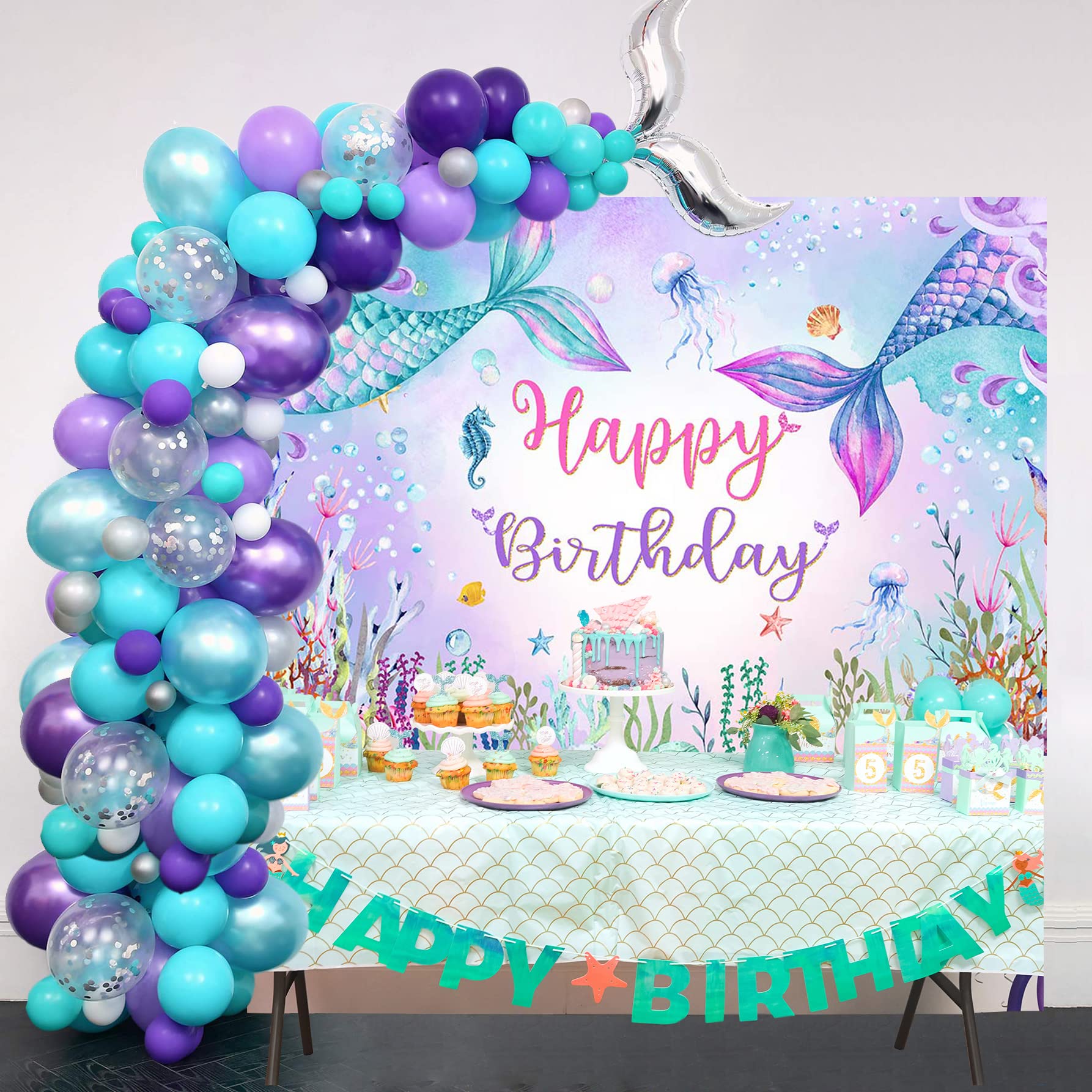 Mocsicka Mermaid Birthday Backdrop Under The Sea Birthday Party Decoration For Girl Blue Purple Mermaid Tails Photography Backgr