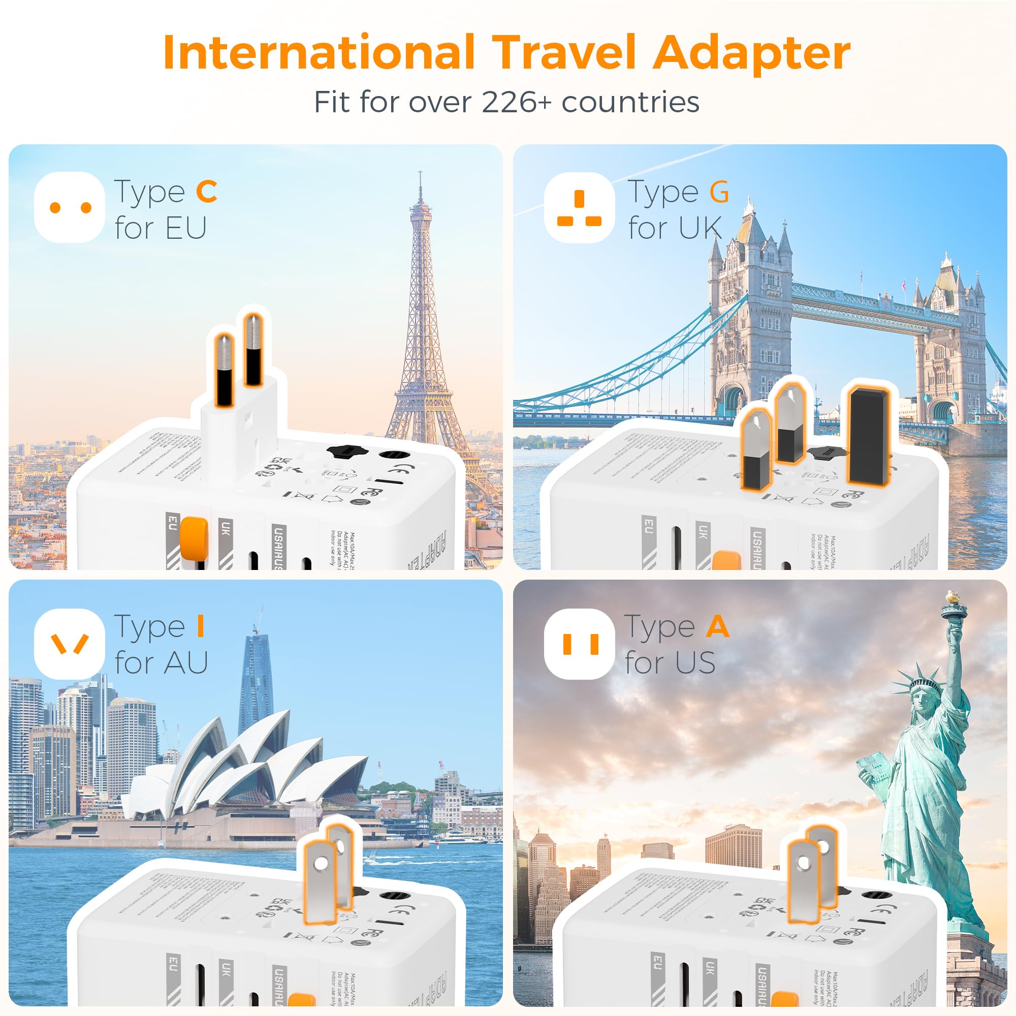 Tessan 65W Gan Universal Travel Adapter, International Plug Adaptor With 4 Usb(2 Usb C) Charging Ports, Worldwide Power Outlet F