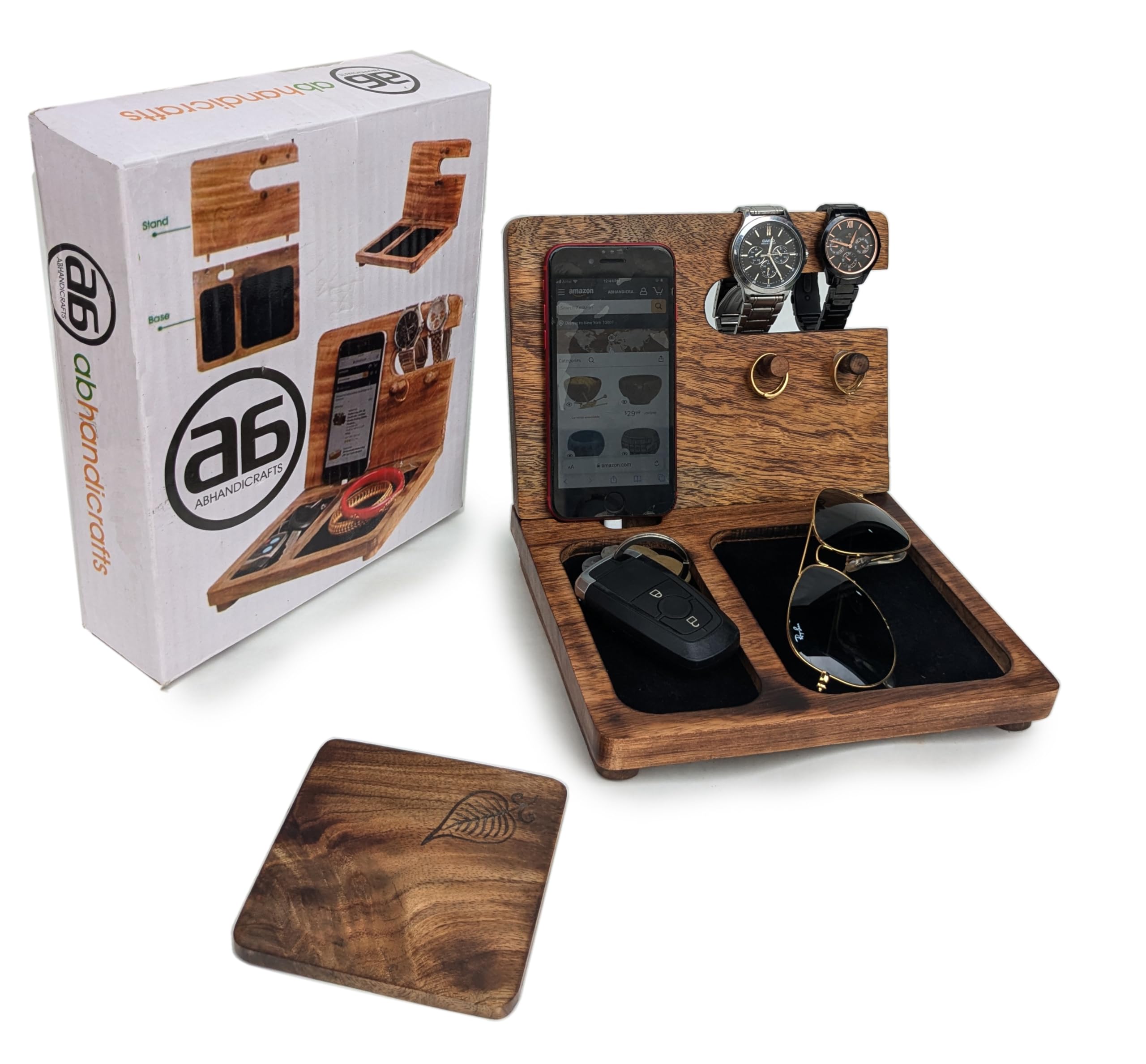 Abhandicrafts Wood Docking Station, Nightstand Organizer Wallet, Watch Stand Key Holder Fathers Day Thanksgiving Day, Gifts For