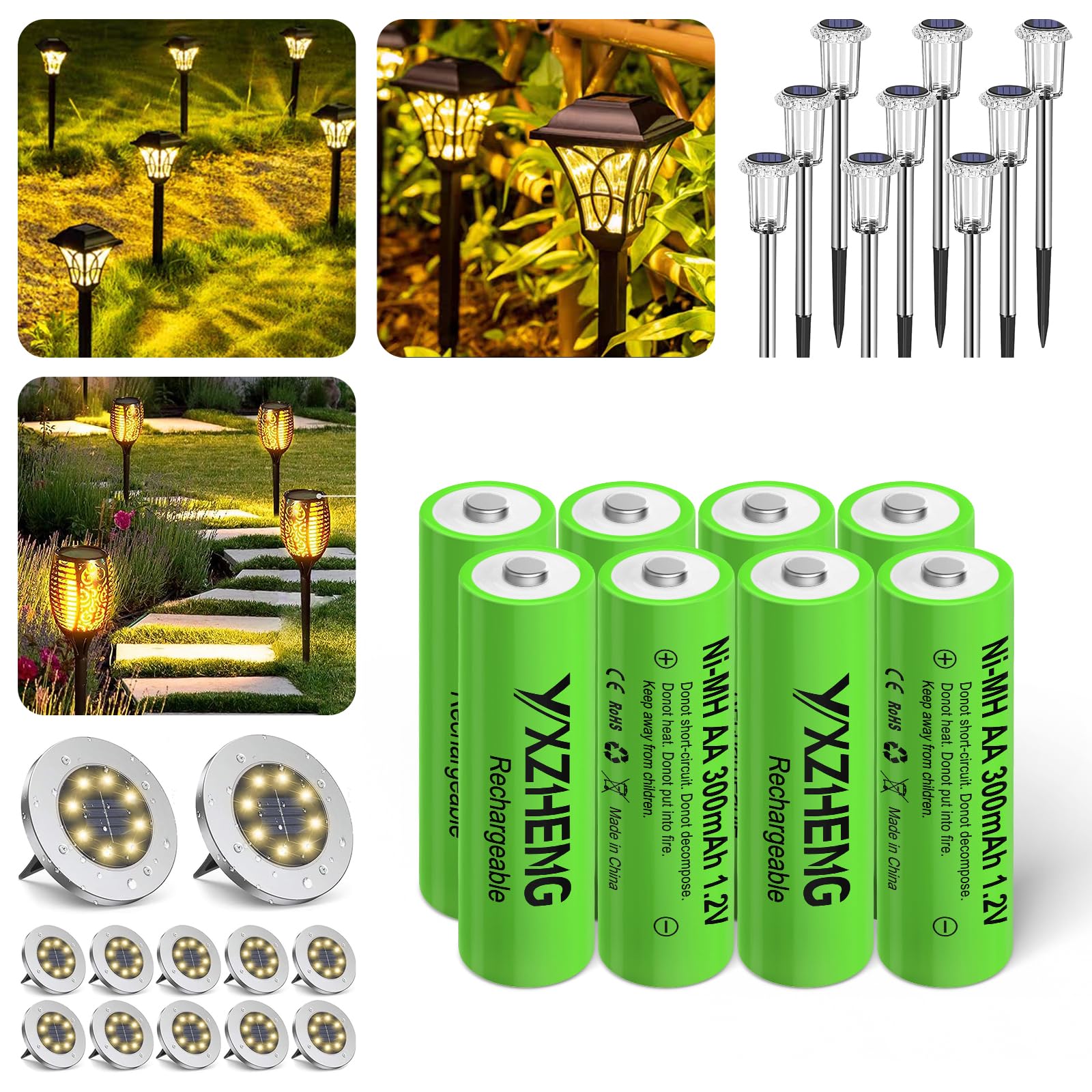 Yxzheng 8Pcs Aa Battery 1.2V Rechargeable Ni-Mh 300Mah For Outside Solar Lawn Light (8Aa)