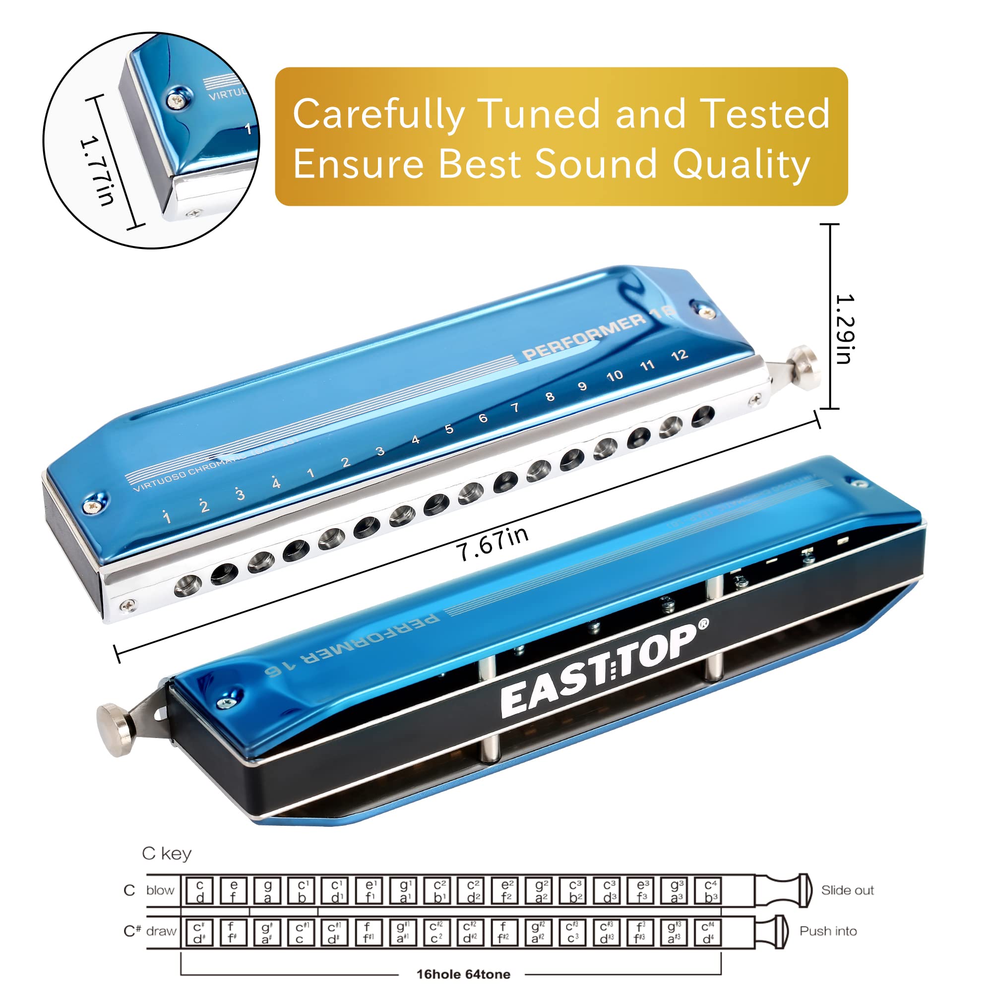 East Top Chromatic Harmonica 16 Hole 64 Tone Key Of C, Professional Mouth Organ Advanced Harmonica For Adults, Students And Harm