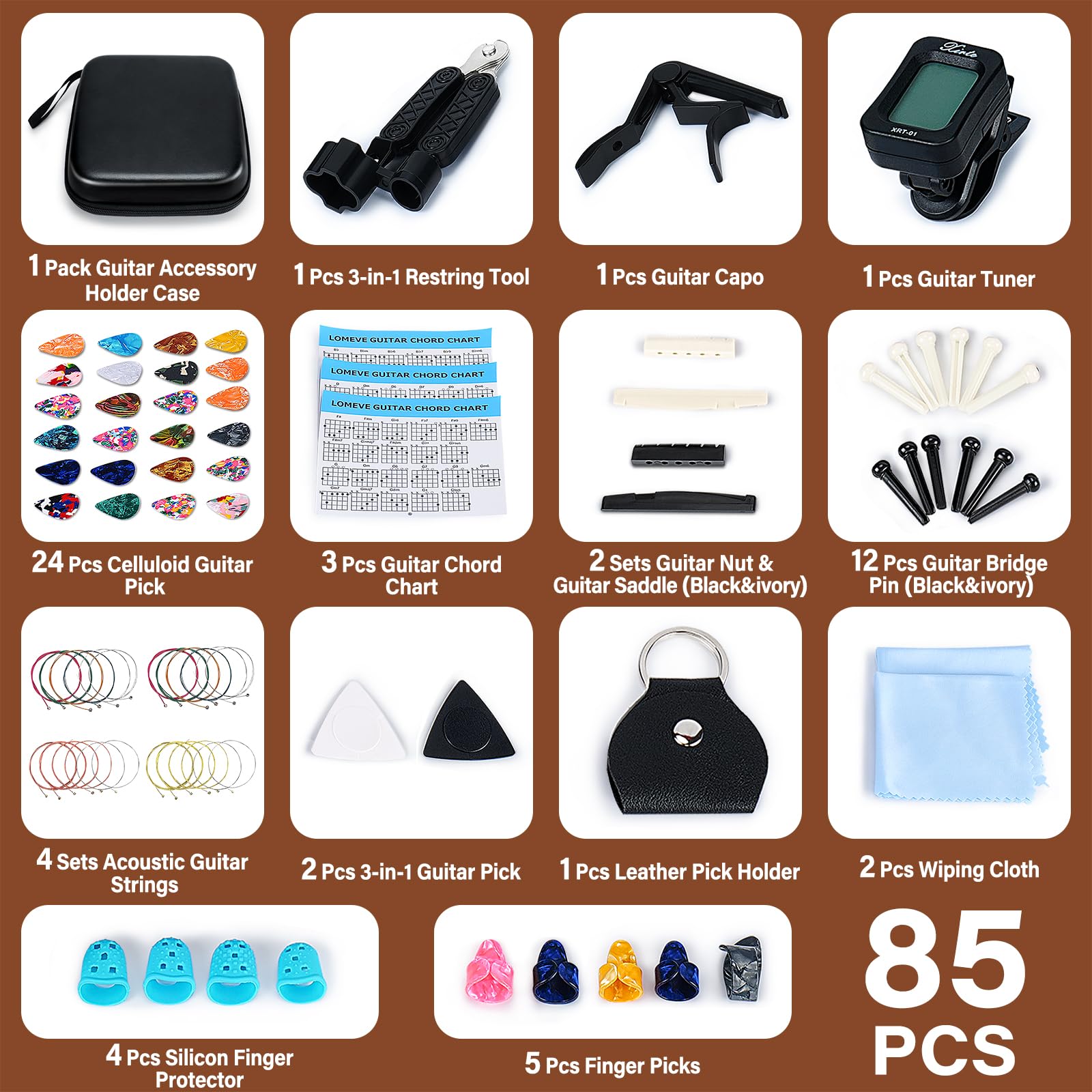 Lomeve 85Pcs Guitar Accessories Kit Holder Case Include Acoustic Strings, Tuner, Capo, 3 In 1 Restring Tool, Picks, Pick Holder,