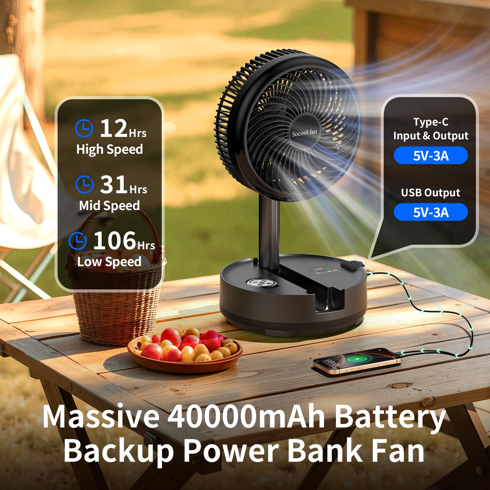 Socool 40000Mah Portable Fan Foldable Battery Rechargeable With 8 Speed & 106H, 90 Osciliating Floor Standing Fan Remote, Desk F