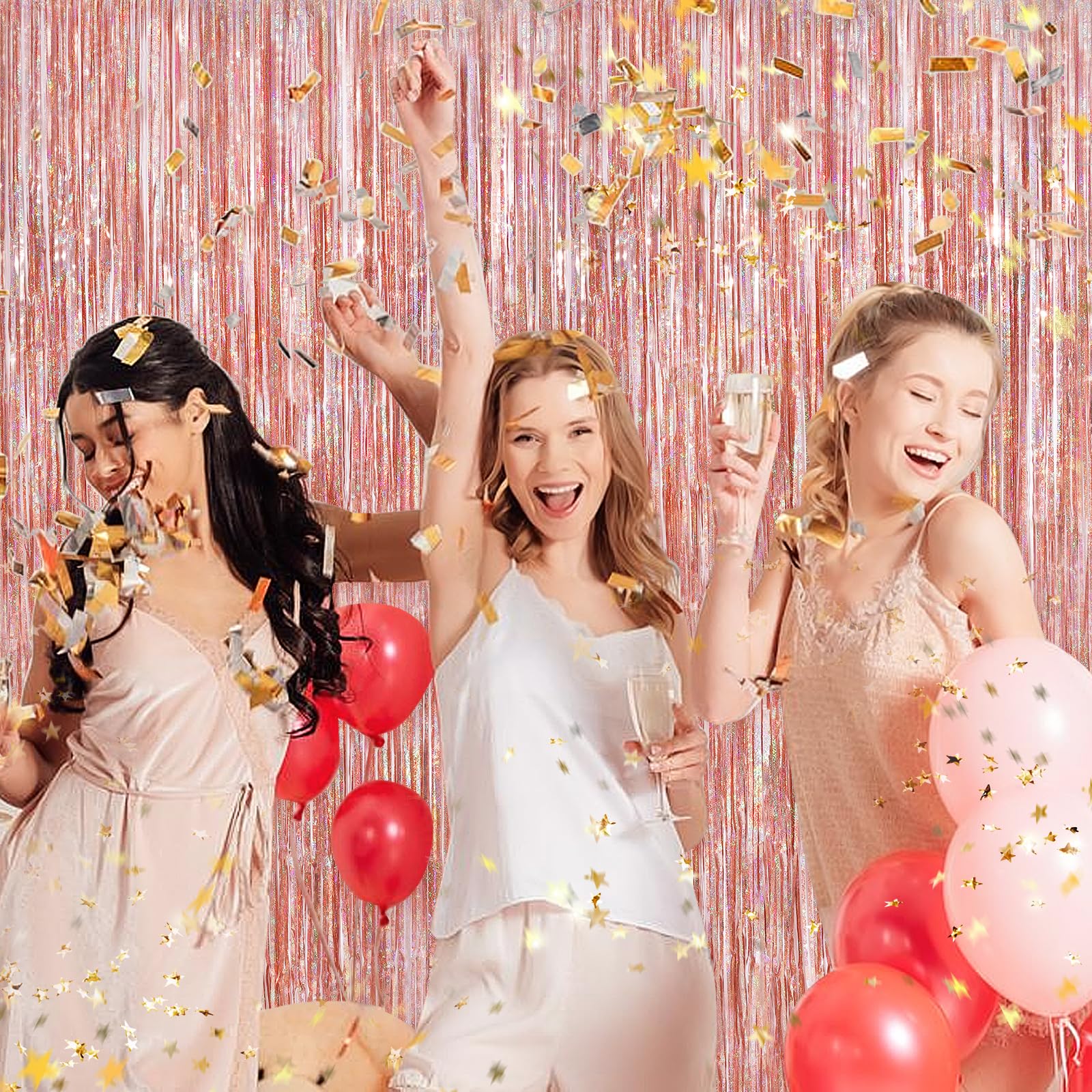 Rose Gold Metallic Tinsel Foil Fringe Curtains, 2 Pack 3.3X8.3 Feet Party Streamer For Birthday Party Decorations, Halloween Dec