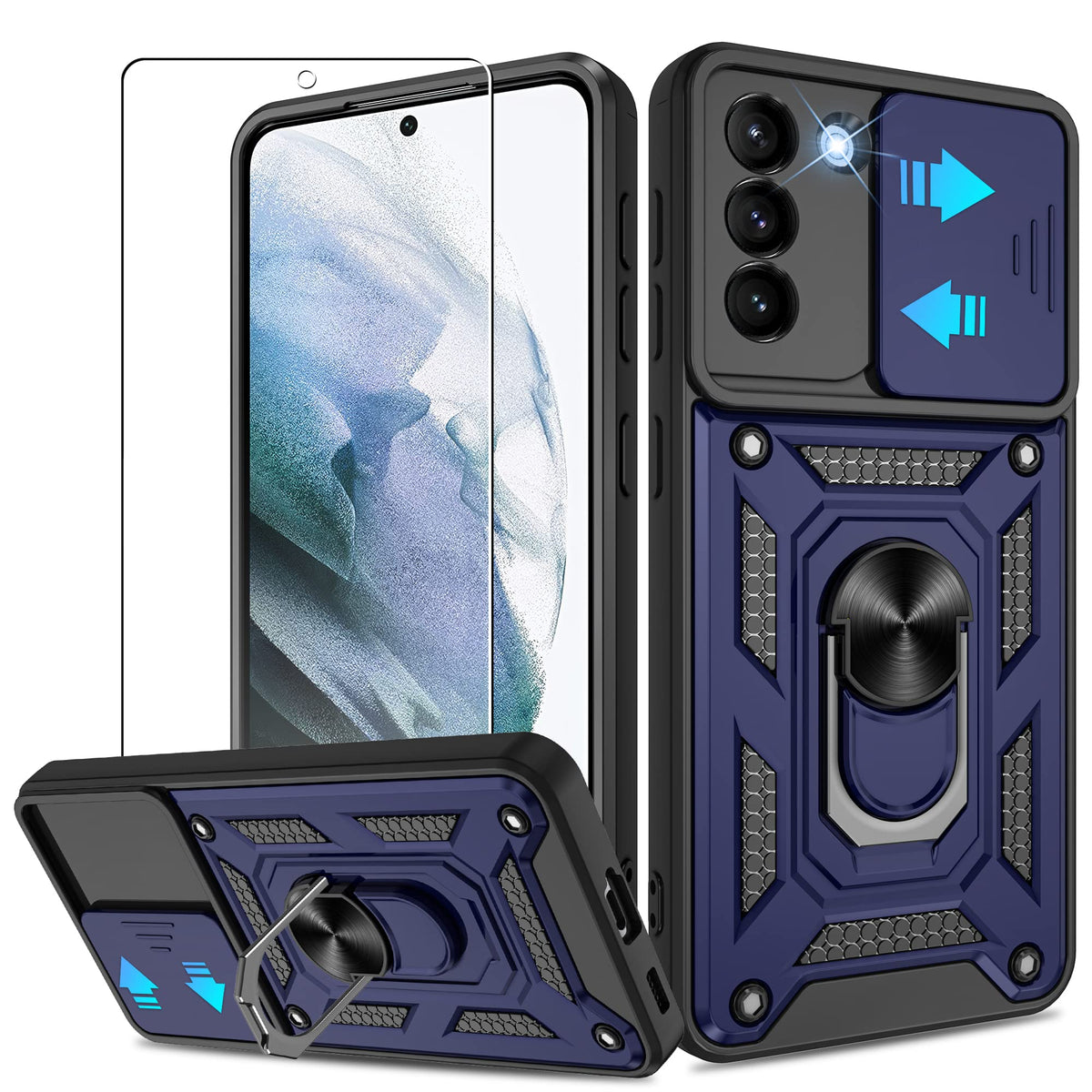 Atump Compatible With Samsung Galaxy S21 Plus Case With Hd Screen Protector With Slide Camera Cover, 360    Rotation Ring Kickst