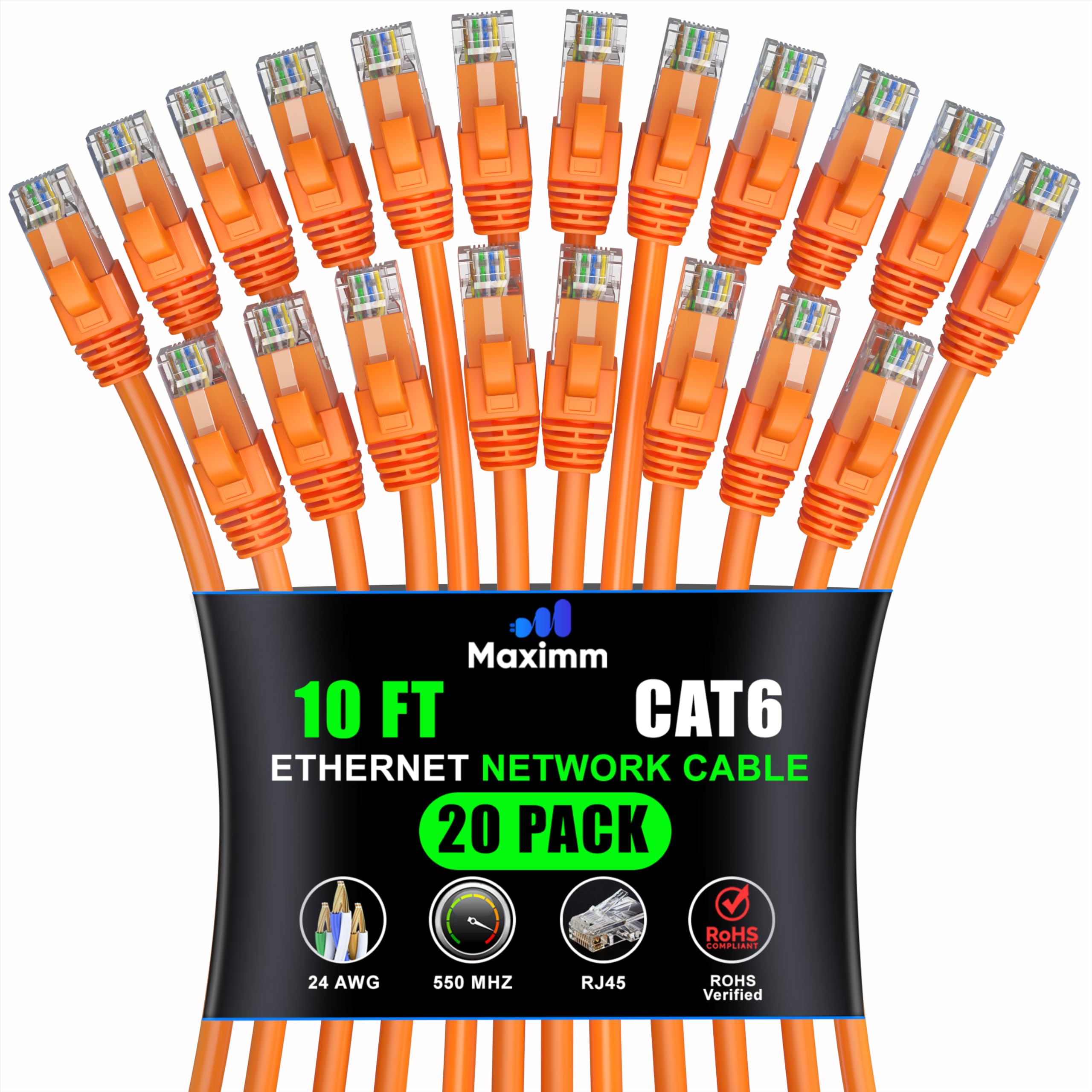 Maximm Cat 6 Ethernet Cable 10 Ft (20 Pack)   High Speed Lan Cable, Internet Cable, Patch Cable, And Network Cable   Utp, 10Gbps, 550Mhz Ethernet Cord   Orange