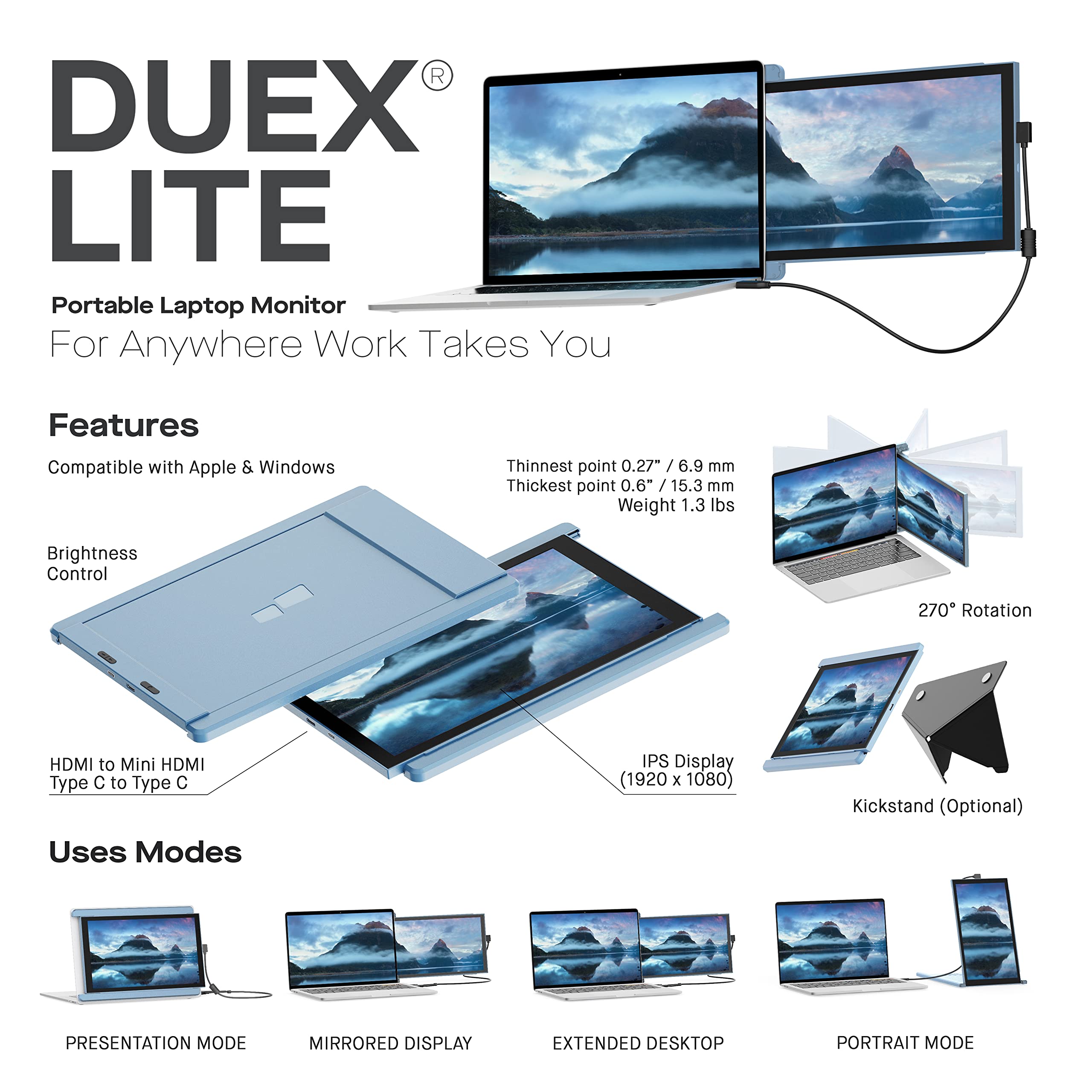 Duex New Mobile Pixels Lite Portable Monitor For Laptops (2022 Upgraded) 12.5 Full Hd Ips Laptop Screen Extender Usb Chdmi Power