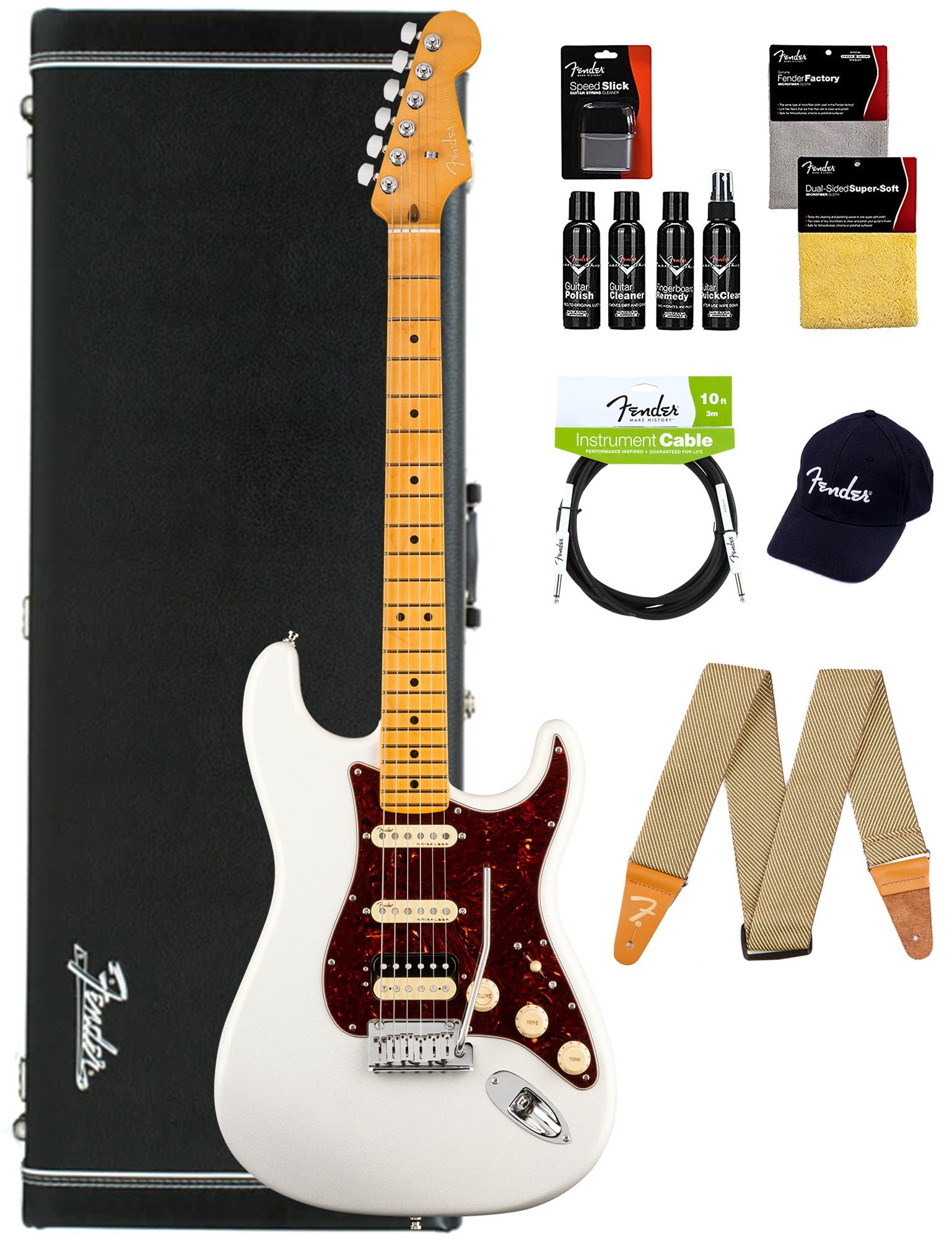 Fender American Ultra Stratocaster HSS - Texas Tea Bundle with Case, Hat, Strap, Cable, and Guitar Cleaning Kit