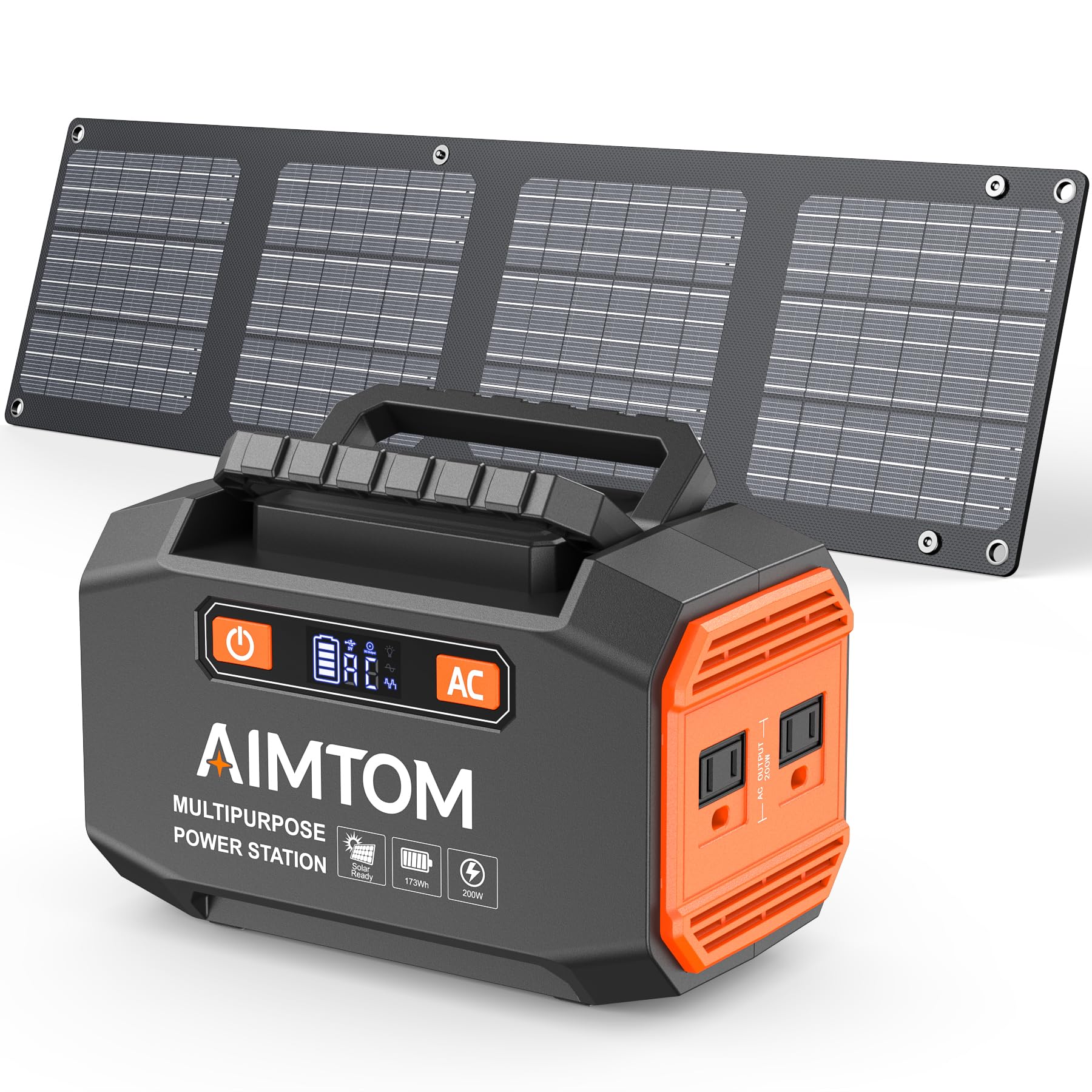 AIMTOM 200W Portable Power Station with 30W Solar Panel Bundle - 173Wh Lithium Battery, 250W Peak AC, USB-A, USB-C and 12V DC Ou