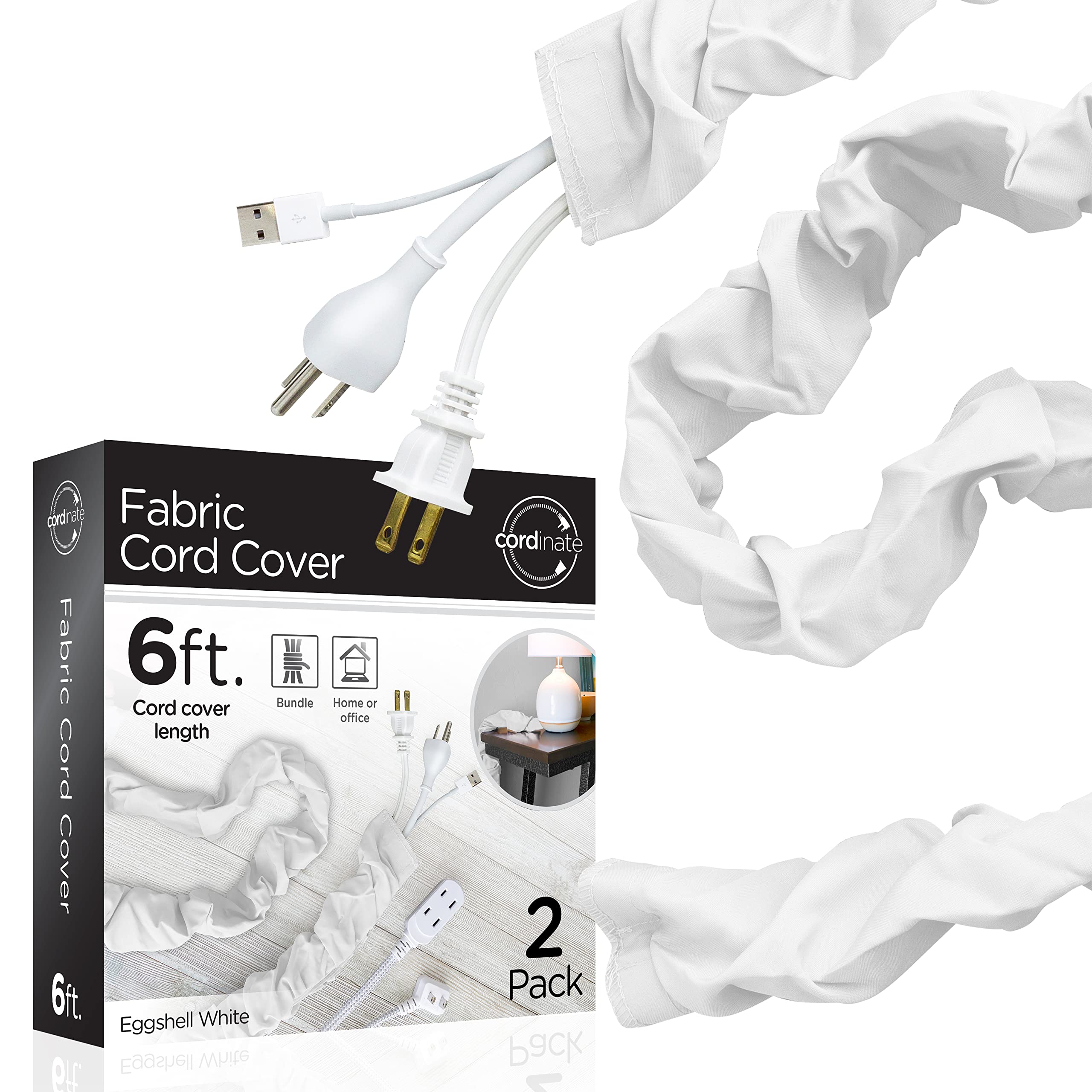 Cordinate Fabric Cord Cover 2 Pack, 6 Ft, Cable Management And Hider, Easy Installation, Great For Lamps, Light Fixtures, And De