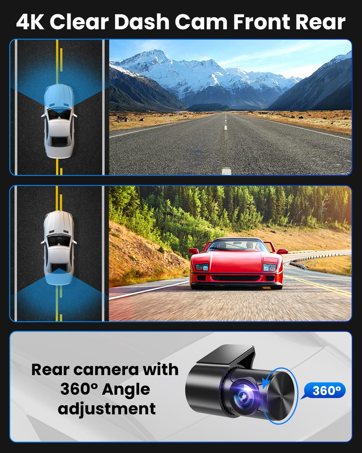 Dash Cam Front Rear 4K/1080P, Dash Camera For Cars Build In Wifi, Full Hd Dash Cam With App Control, 3.94 Ips Screen Dash Camera