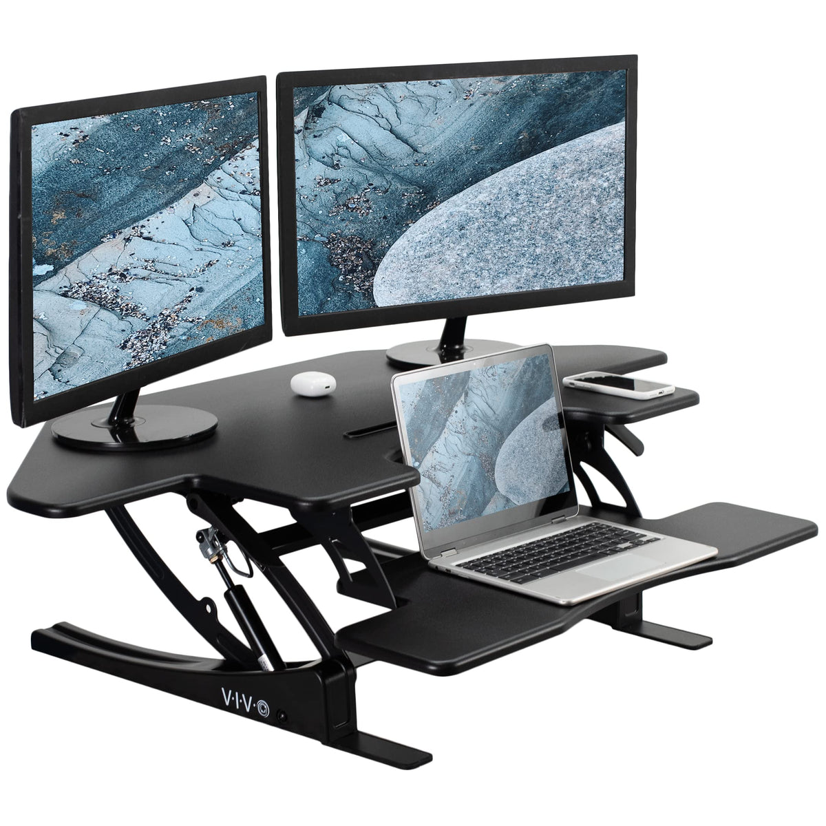 Vivo 43 Inch Corner Height Adjustable Cubicle Stand Up Desk Converter, V Series, Quick Sit To Stand Tabletop Dual Monitor Riser