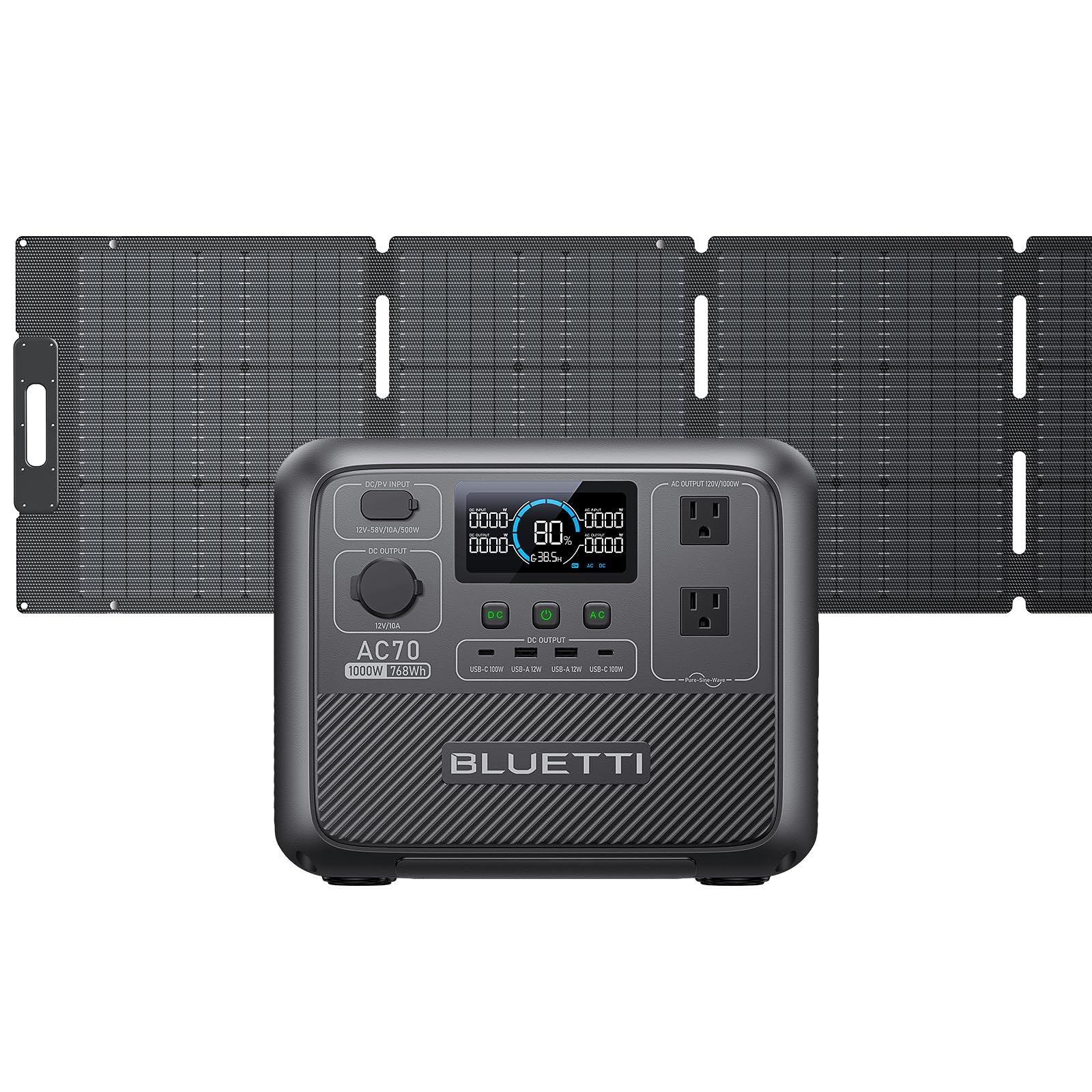 Bluetti Portable Power Station Ac70 With 200W Solar Panel, 768Wh Solar Generator With 2 1000W (Power Lifting 2000W) Ac Outlets,