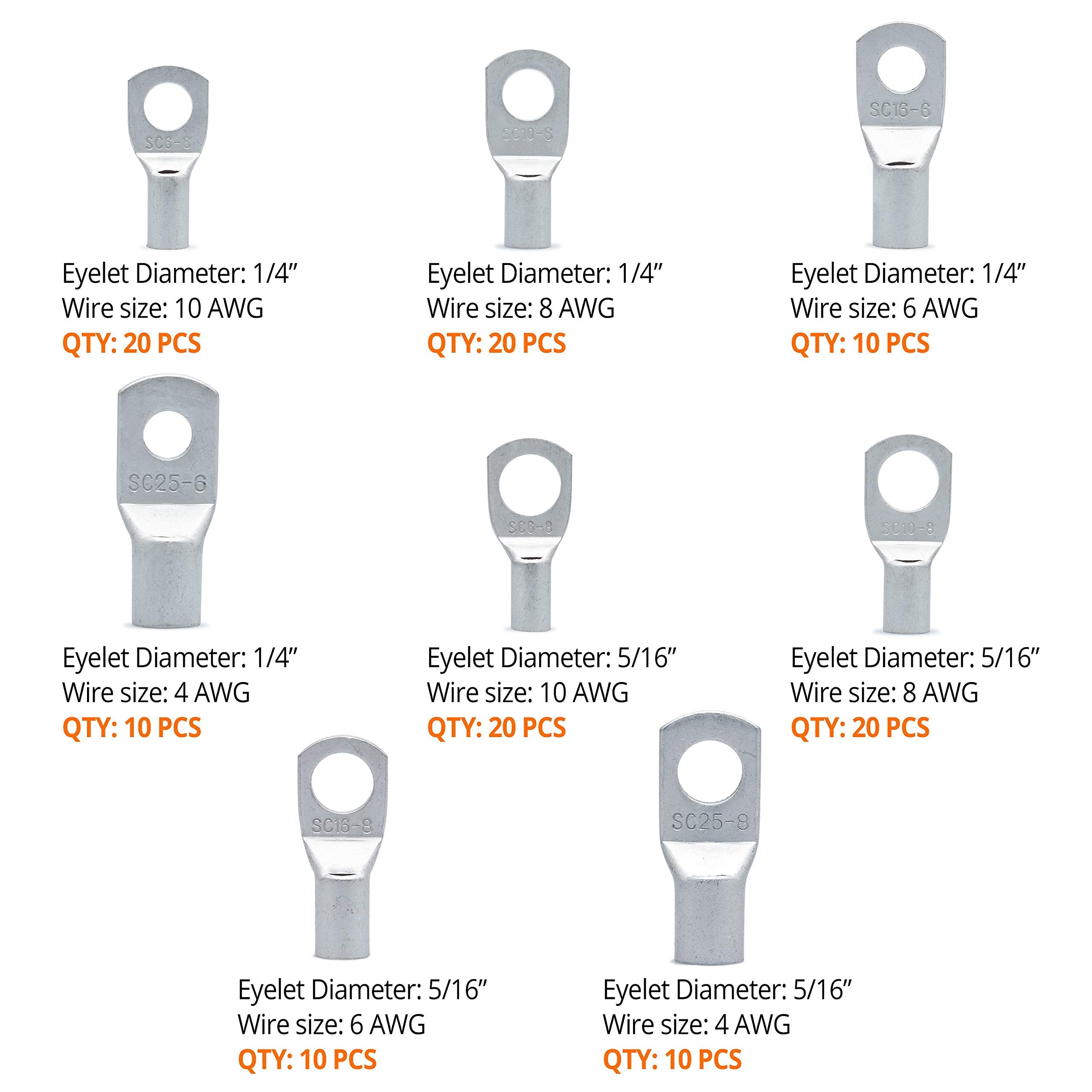 Wirefy 120 Pcs Tinned Copper Wire Lugs Kit   Battery Lugs   Crimp Battery Cable Ends   Ring Terminals   10 4 Gauge | Copper Cabl
