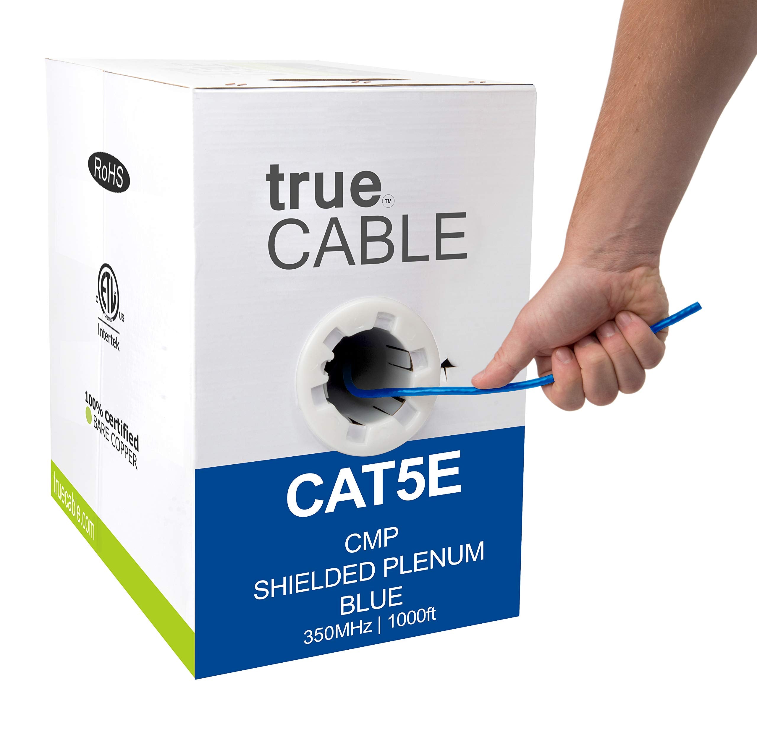 Truecable Cat5E Shielded Plenum (Cmp), 1000Ft, Blue, 24Awg Solid Bare Copper, 350Mhz, Poe++ (4Ppoe), Etl Listed, Overall Aluminum Foil Shield (F/Utp), Bulk Ethernet Cable