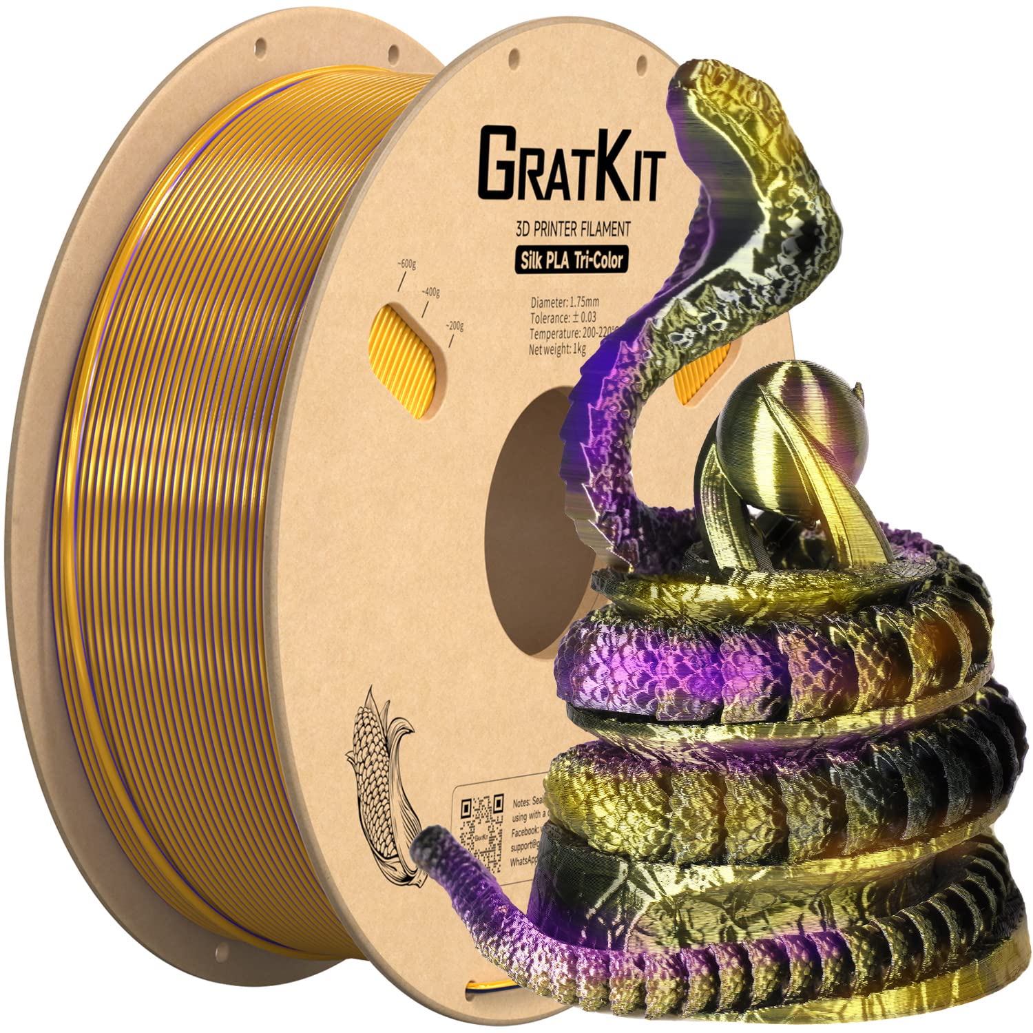 Gratkit Silk Tri-Color PLA Filament,Coextrusion PLA Filament 1.75mm, +/-0.03mm, 1KG/Roll, Silk PLA Gold & Purple & Black