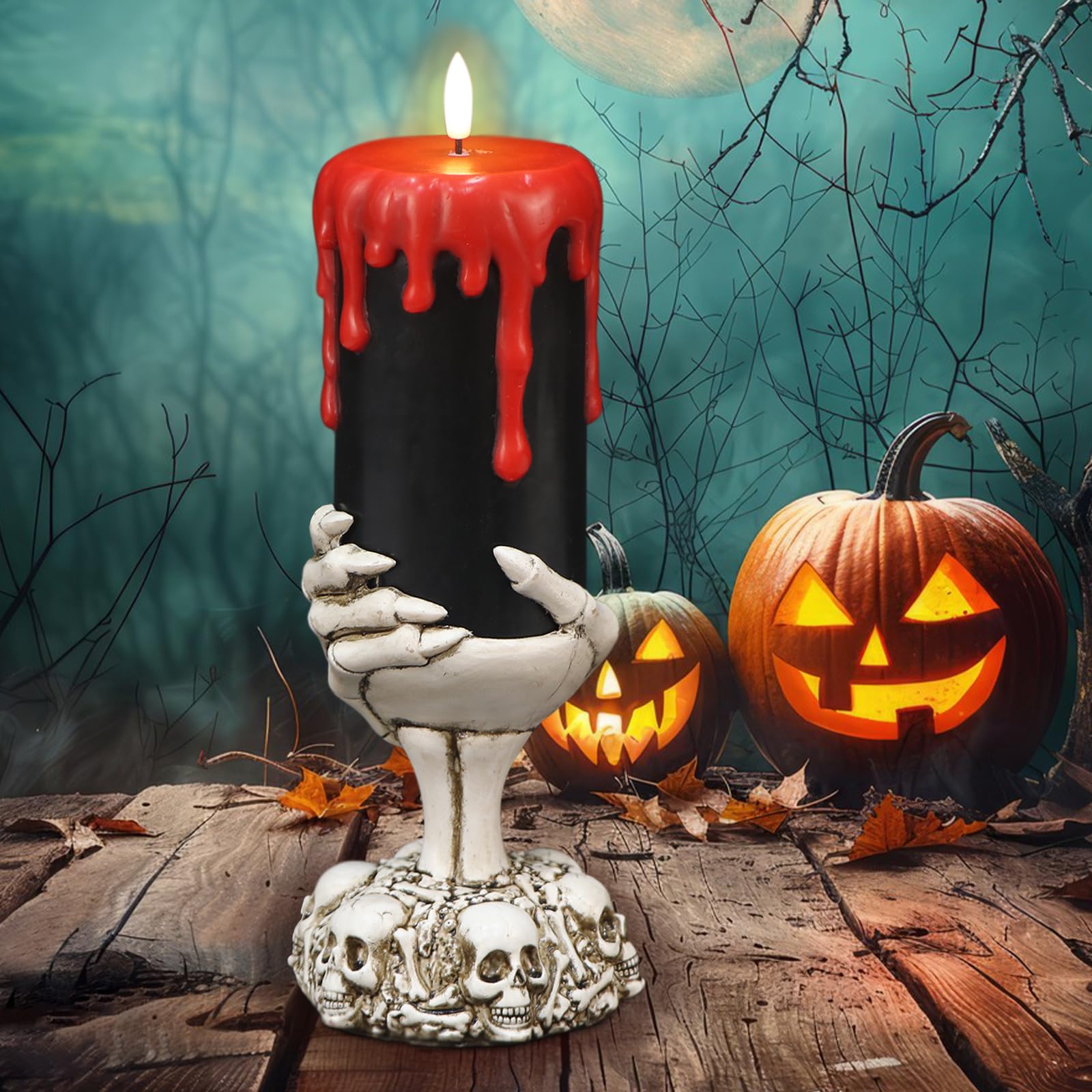 Eldnacele Halloween Flickering Flameless Candles Ghost Hand Candlesticks With Timer,Battery Operated With Red Blood Dripping 3D