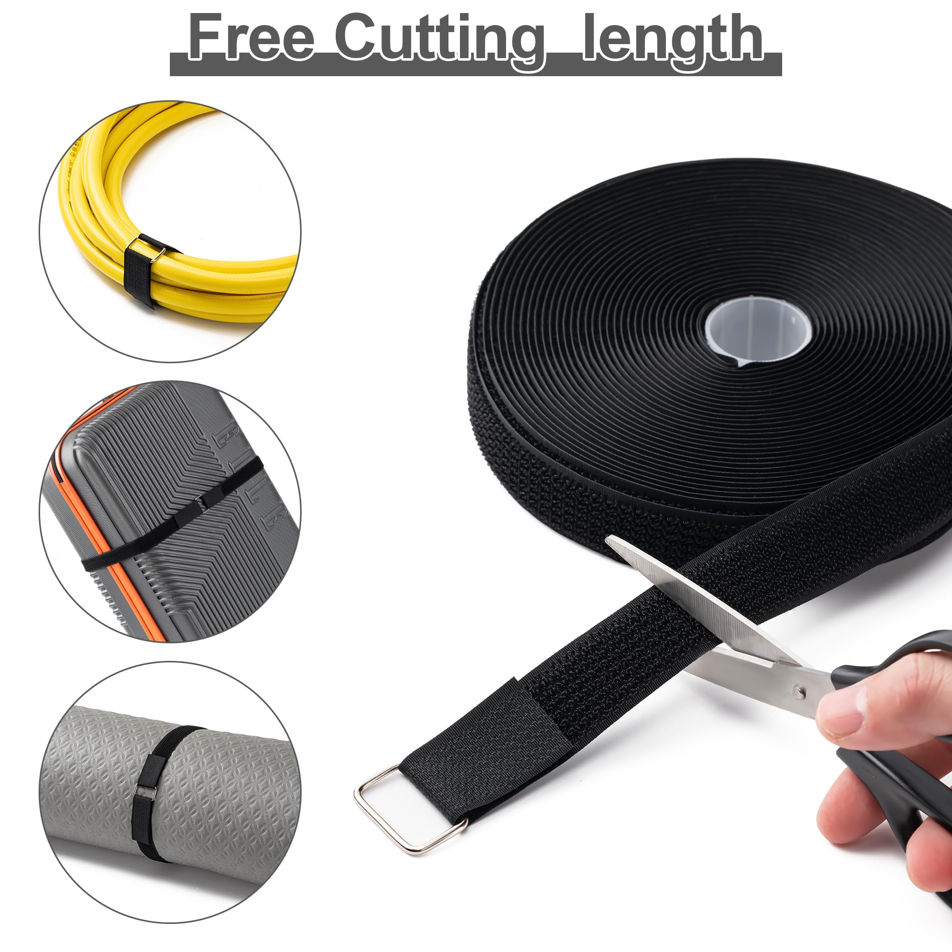 1''X16Ft Hook And Loop Straps With 25 Metal Buckles, Adjustable Fastening Cable Straps, Free Cut Length, Reusable Nylon Cable Ti