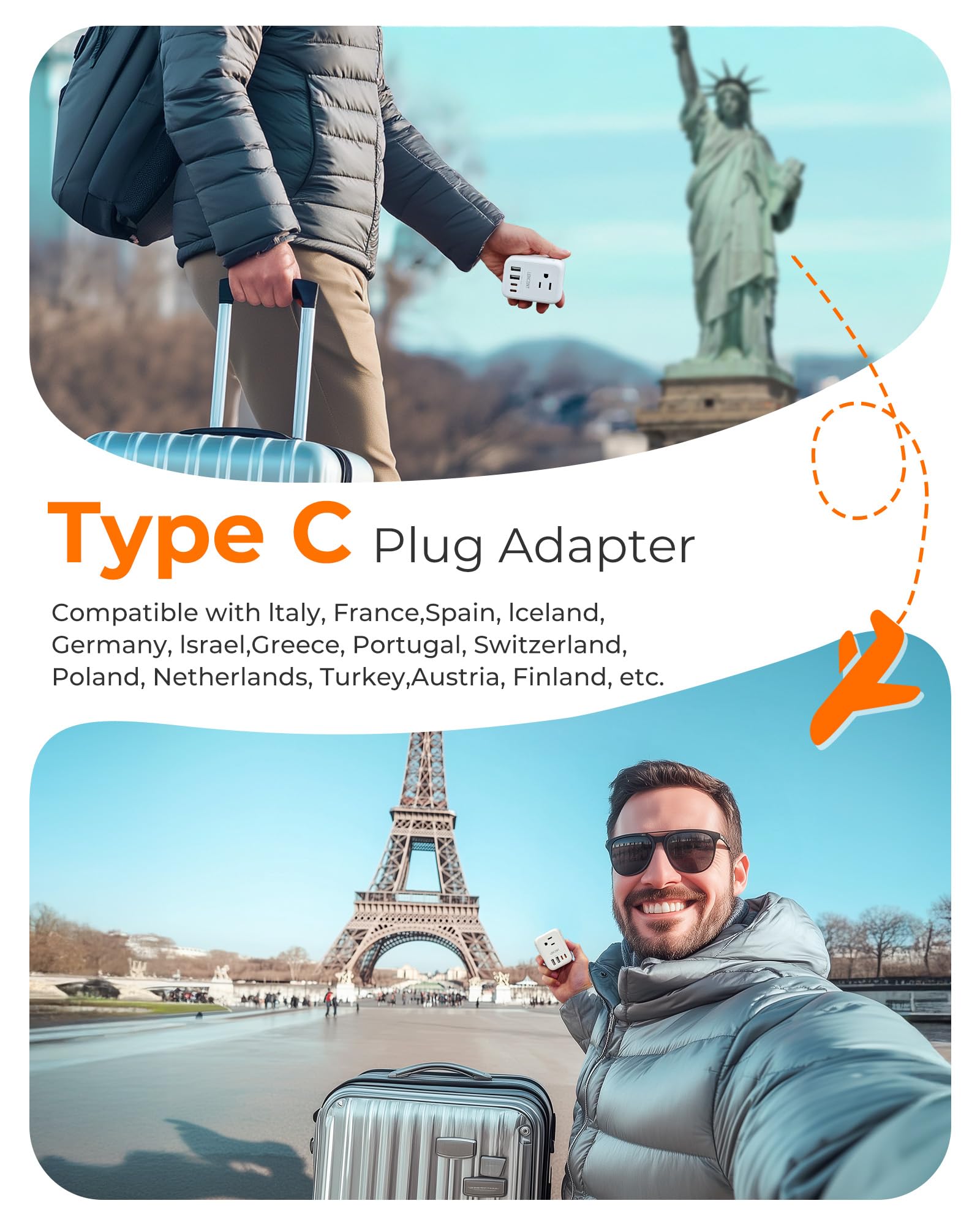 Lencent European Travel Plug Adapter, Foldable Us To Europe Plug Adapter With 4 Outlets, 4 Usb (2 Usb C) Charger Adapter, Type C