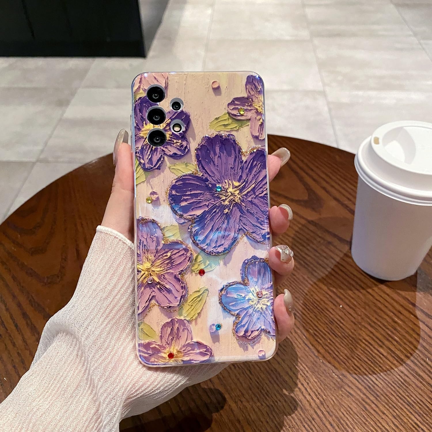 Leleyun Case For Samsung Galaxy A32 5G, Retro Oil Painting Printed Flower Cute Pattern With Glitter Gem Phone Cover Durable Tpu