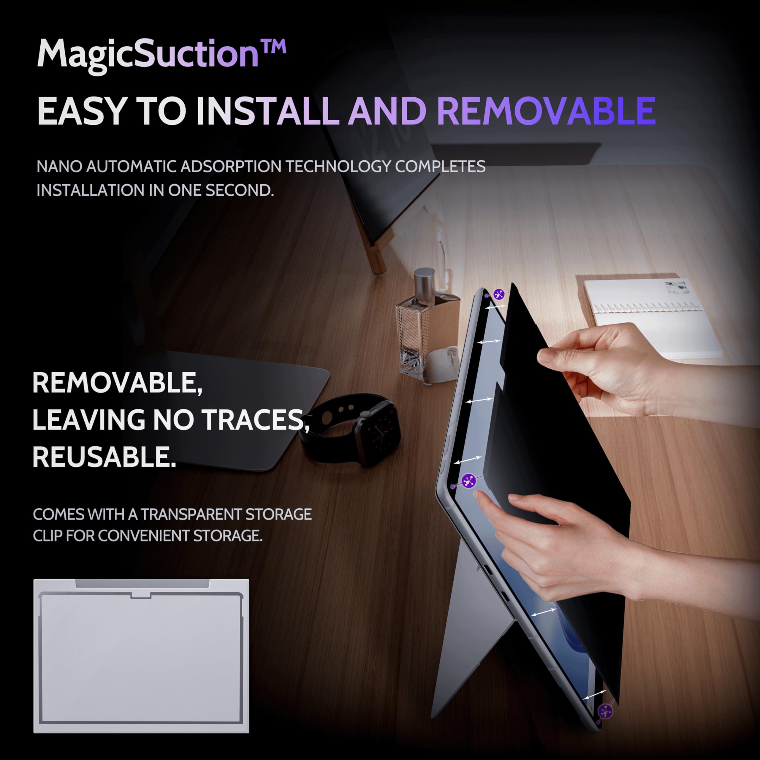 Peslv Privacy Screen For 13 Inch Surface Pro 11/10/9/8/X, Magicsuction Removable Anti Spy Black Protector, Glare Blue Light Filt