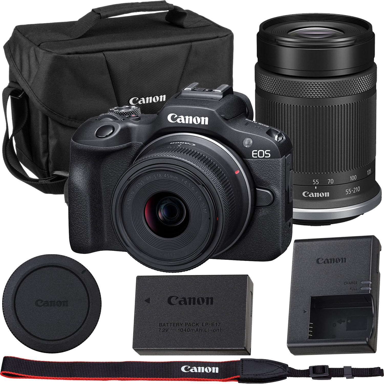 Canon EOS R100 Mirrorless Camera with Canon RF-S 18-45mm f/4.5-6.3 is STM and RF-S 55-210mm f/5-7.1 is STM Lens Kit with Canon S