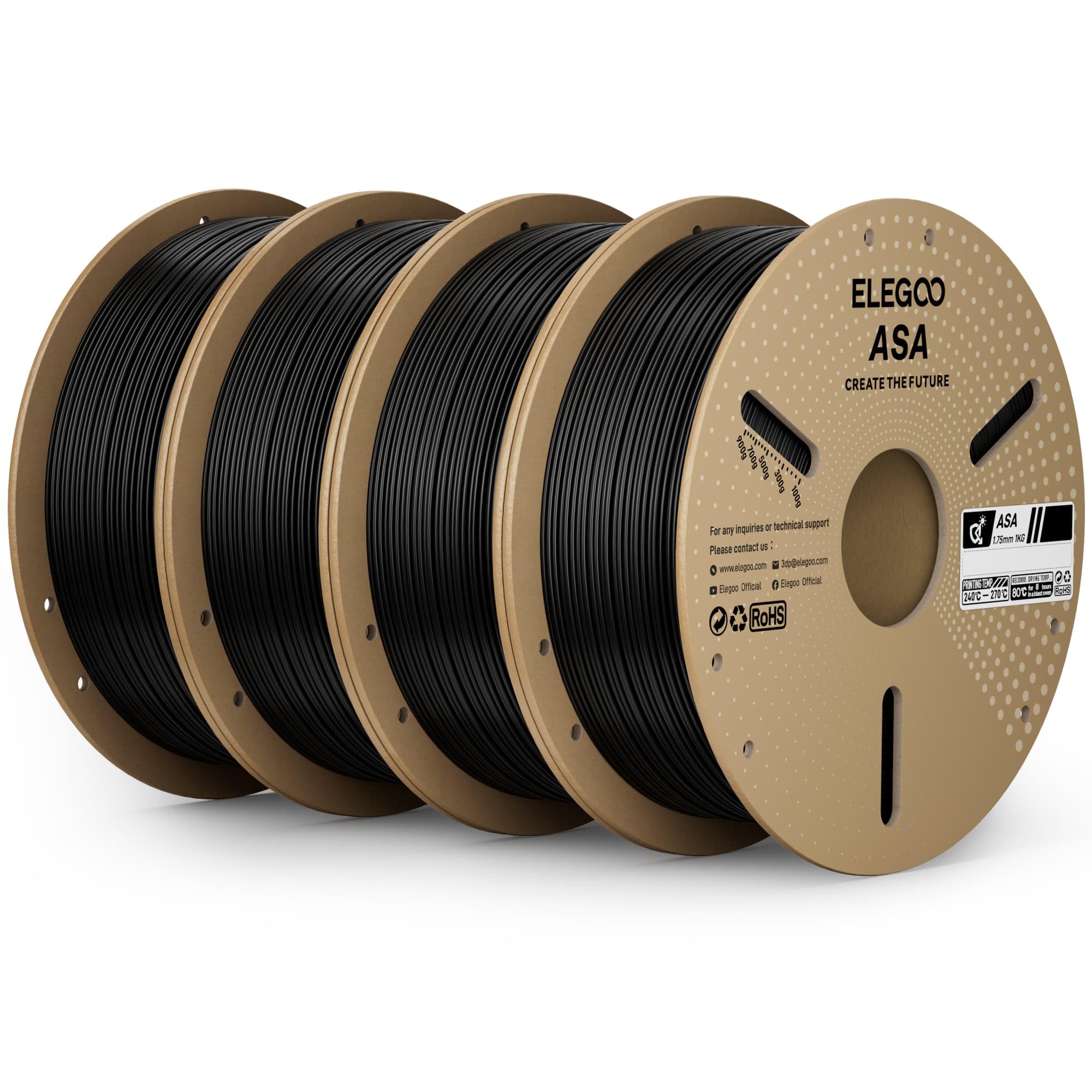 ELEGOO ASA Filament 1.75mm Deep Black 4KG, UV & Weather Resistant 3D Printer Filament Bundle for Outdoor Functional Parts, High 